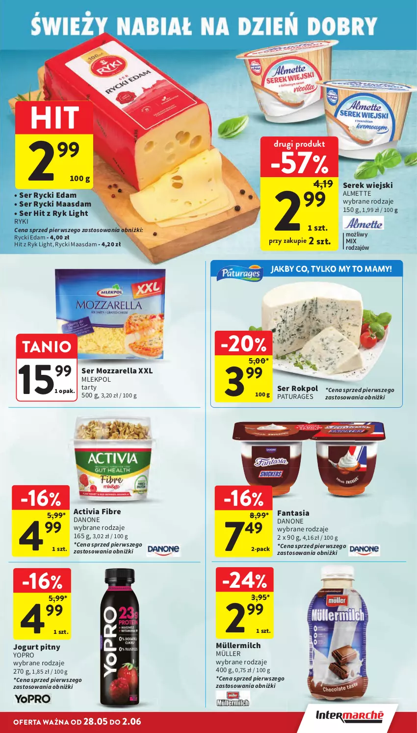 Gazetka promocyjna Intermarche - Gazetka Intermarche - ważna 28.05 do 02.06.2026 - strona 31 - produkty: Activia, Almette, Danone, Edam, Fa, Fanta, Jogurt, Jogurt pitny, Maasdam, Mozzarella, Müller, Müllermilch, Rokpol, Rycki Edam, Ser, Serek, Serek wiejski