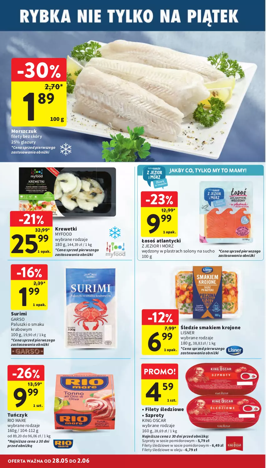 Gazetka promocyjna Intermarche - Gazetka Intermarche - ważna 28.05 do 02.06.2026 - strona 32 - produkty: Krewetki, Lazur, Lisner, Olej, Rio Mare, Sos, Surimi, Szprot, Tuńczyk