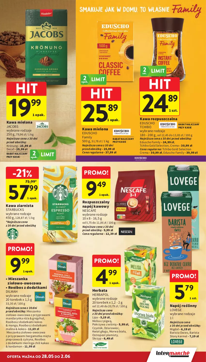 Gazetka promocyjna Intermarche - Gazetka Intermarche - ważna 28.05 do 02.06.2026 - strona 37 - produkty: Dilmah, Fa, Grejpfrut, Herbapol, Herbata, Jacobs, Kakao, Kawa, Kawa mielona, Kawa rozpuszczalna, Kawa ziarnista, Kokos, Mango, Mięta, Napój, Napój roślinny, Nescafé, Ostropes, Pieprz, Róża, Stek, Tchibo