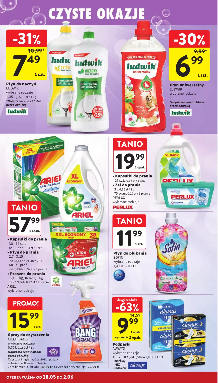 Gazetka promocyjna Intermarche - Gazetka Intermarche - ważna 28.05 do 02.06.2026 - strona 42 - produkty: Always, Ariel, Cillit Bang, Dezynfekcja, Kapsułki do prania, Ludwik, Płyn do płukania, Płyn do prania, Podpaski, Proszek do prania, Spray do czyszczenia