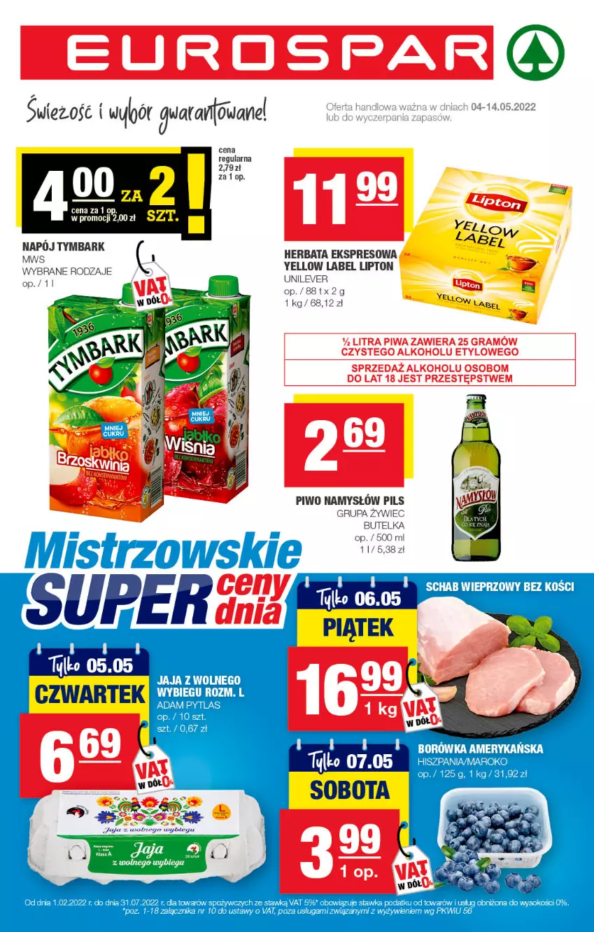 Gazetka promocyjna Spar - EuroSpar - ważna 01.05 do 11.05.2022 - strona 1 - produkty: Borówka, Borówka amerykańska, Herbata, Jaja, Lipton, Namysłów, Napój, Ocet, Piwo, Sok, Tymbark