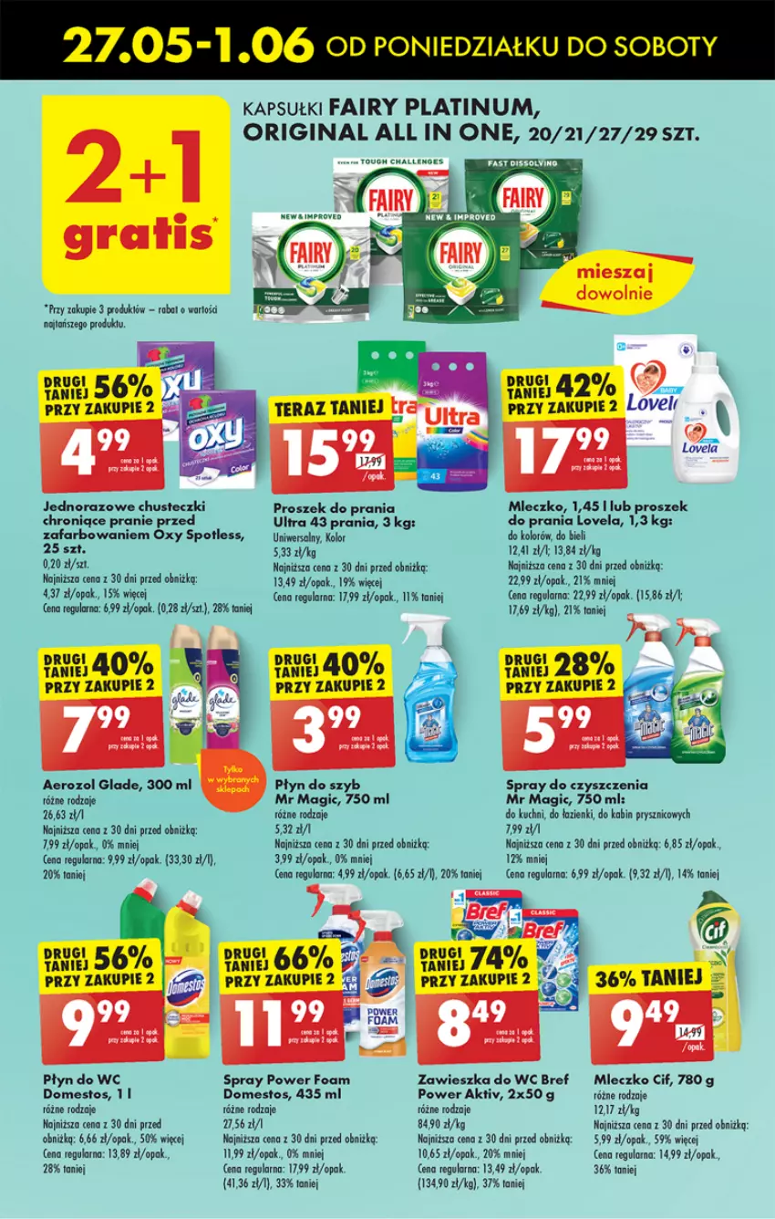 Gazetka promocyjna Biedronka - Od poniedzialku - ważna 27.05 do 01.06.2024 - strona 59 - produkty: Bref, Chusteczki, Cif, Domestos, Fa, Fairy, Gin, Lovela, Mleczko, Płyn do szyb, Płyn do wc, Proszek do prania, Spray do czyszczenia, Tera, Zawieszka do wc