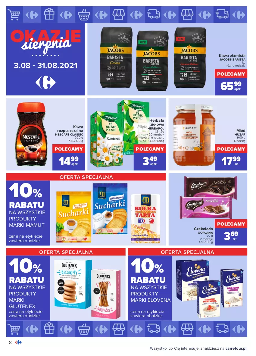 Gazetka promocyjna Carrefour - Gazetka Okazje sierpnia - ważna 02.08 do 31.08.2021 - strona 8 - produkty: Czekolada, Goplana, Herbapol, Herbata, Jacobs, Kawa, Kawa rozpuszczalna, Kawa ziarnista, LANA, Miód, Nescafé, Tenex