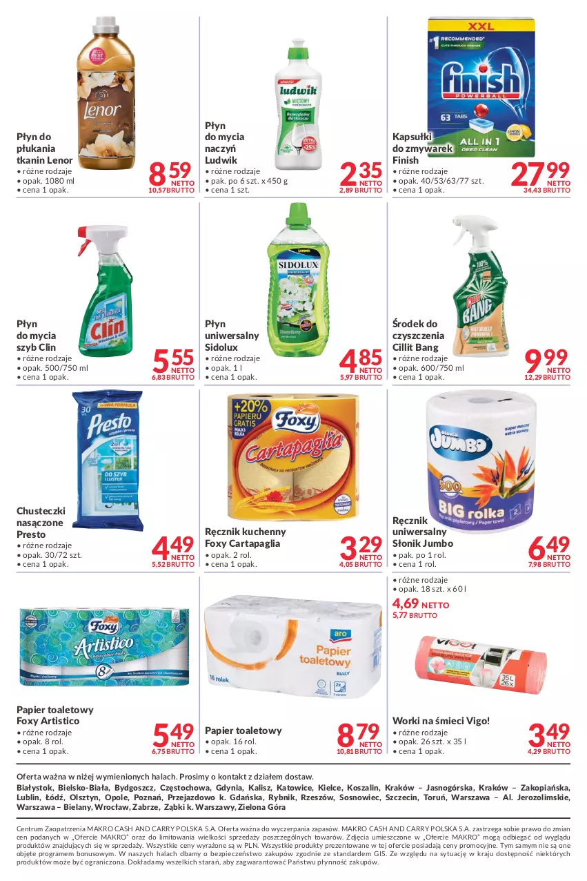 Gazetka promocyjna Makro - [Oferta promocyjna] Dostawy - ważna 22.02 do 07.03.2022 - strona 12 - produkty: Chusteczki, Cillit Bang, Clin, Do mycia naczyń, Finish, Foxy, Gra, Kosz, Lenor, Ludwik, Papier, Papier toaletowy, Piec, Płyn do mycia, Płyn do mycia naczyń, Płyn do płukania, Presto, Ręcznik, Ręcznik kuchenny, Rum, Sidolux, Sos, Szal, Worki na śmiec, Worki na śmieci