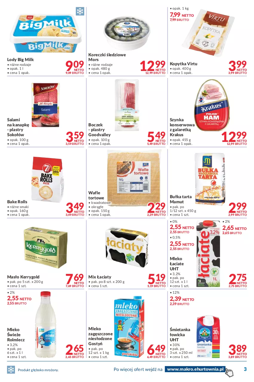 Gazetka promocyjna Makro - [Oferta promocyjna] Dostawy - ważna 22.02 do 07.03.2022 - strona 3 - produkty: Bake Rolls, Big Milk, Boczek, Bułka, Bułka tarta, Gala, Kopytka, Koreczki śledziowe, Krakus, Lody, Masło, Mleko, Mleko zagęszczone, Rolmlecz, Salami, Ser, Sok, Sokołów, Szynka, Szynka konserwowa, Tarta, Virtu, Wafle, Wafle tortowe