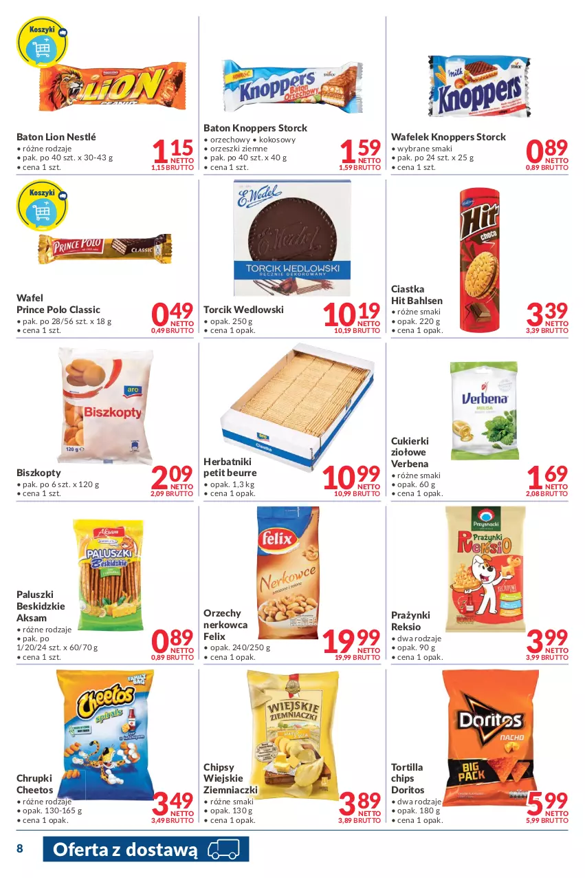 Gazetka promocyjna Makro - [Oferta promocyjna] Dostawy - ważna 22.02 do 07.03.2022 - strona 8 - produkty: Aksam, Baton, Beskidzki, Biszkopty, Cheetos, Chipsy, Chrupki, Ciastka, Cukier, Cukierki, Felix, Herbatniki, Herbatniki Petit Beurre, Knoppers, Kokos, Lion, Nestlé, Orzeszki, Orzeszki ziemne, Prince Polo, Tortilla, Tortilla Chips, Wafelek