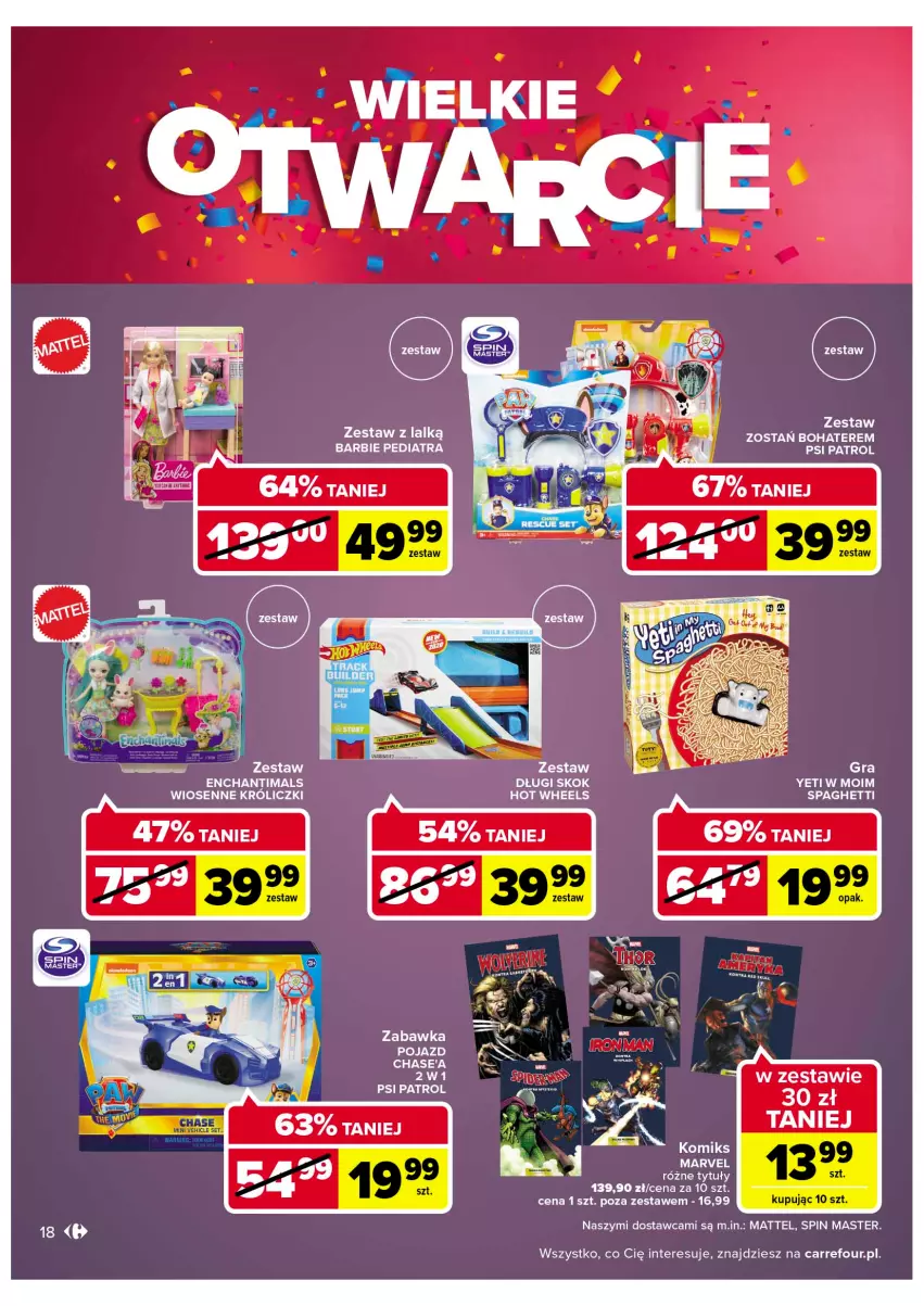 Gazetka promocyjna Carrefour - Gazetka Wielkie Otwarcie Market Lubin - ważna 15.09 do 24.09.2022 - strona 18 - produkty: Barbie, Enchantimals, Gra, Hot Wheels, Mattel, Pojazd, Psi Patrol, Spaghetti, Zabawka