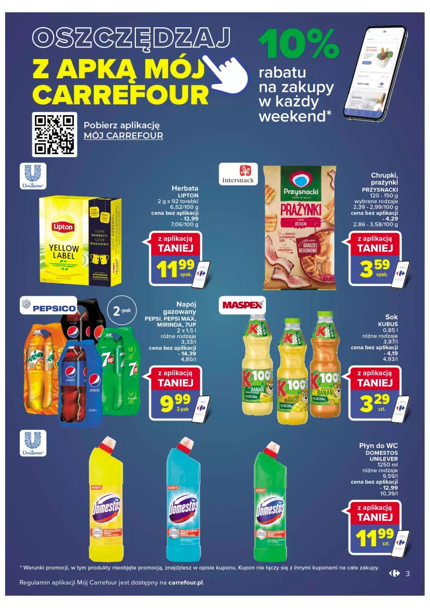 Gazetka promocyjna Carrefour - Gazetka Wielkie Otwarcie Market Lubin - ważna 15.09 do 24.09.2022 - strona 3 - produkty: 7up, Beko, Chrupki, Domestos, Lipton, Mirinda, Napój, Pepsi, Pepsi max, Płyn do wc, Przysnacki