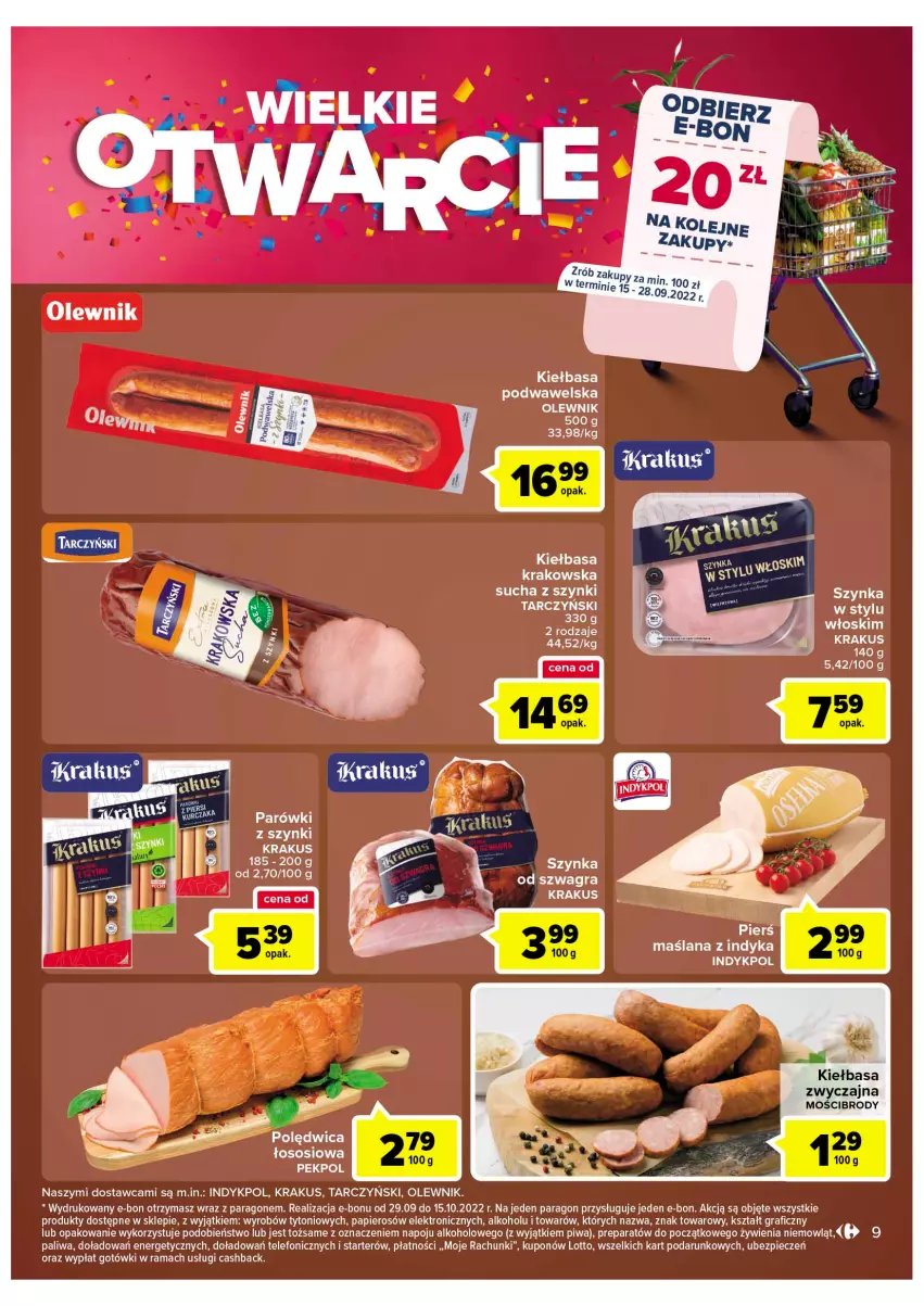 Gazetka promocyjna Carrefour - Gazetka Wielkie Otwarcie Market Lubin - ważna 15.09 do 24.09.2022 - strona 9 - produkty: Gra, Kiełbasa, Kiełbasa krakowska, Krakus, LANA, Olej, Olewnik, Papier, Pekpol, Piec, Piwa, Polędwica, Rama, Sos, Szynka, Tarczyński, Telefon, Wawel