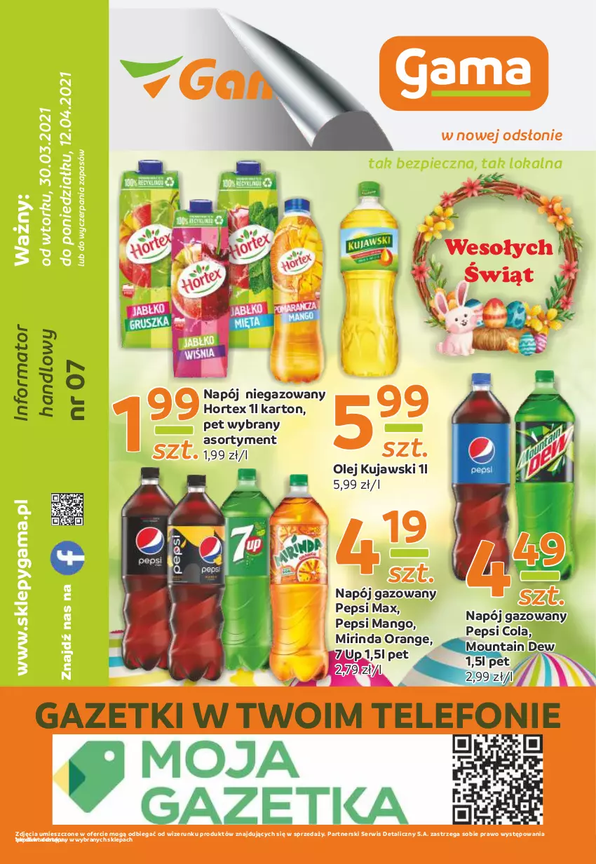 Gazetka promocyjna Gama - Gazetka Gama - ważna 30.03 do 12.04.2021 - strona 12 - produkty: Hortex, Kujawski, Mango, Mirinda, Napój, Napój gazowany, Napój niegazowany, Olej, Pepsi, Pepsi max, Piec, Ser, Telefon