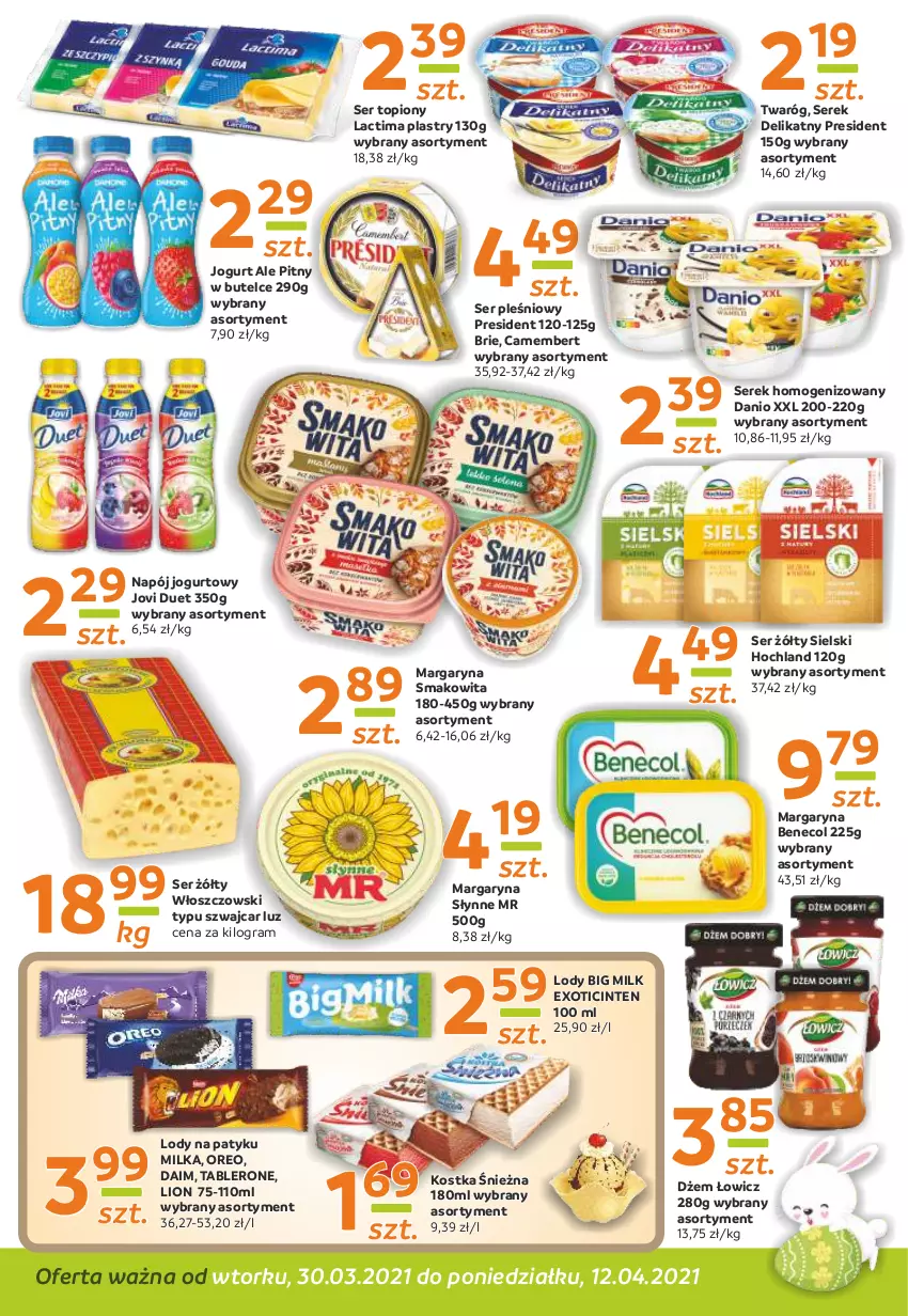 Gazetka promocyjna Gama - Gazetka Gama - ważna 30.03 do 12.04.2021 - strona 8 - produkty: Benecol, Big Milk, Brie, Camembert, Danio, Dżem, Gra, Hochland, Jogurt, Lion, Lody, Margaryna, Milka, Napój, Napój jogurtowy, Oreo, Ser, Ser pleśniowy, Ser topiony, Serek, Serek homogenizowany, Słynne, Smakowita, Top, Twaróg, Włoszczowski