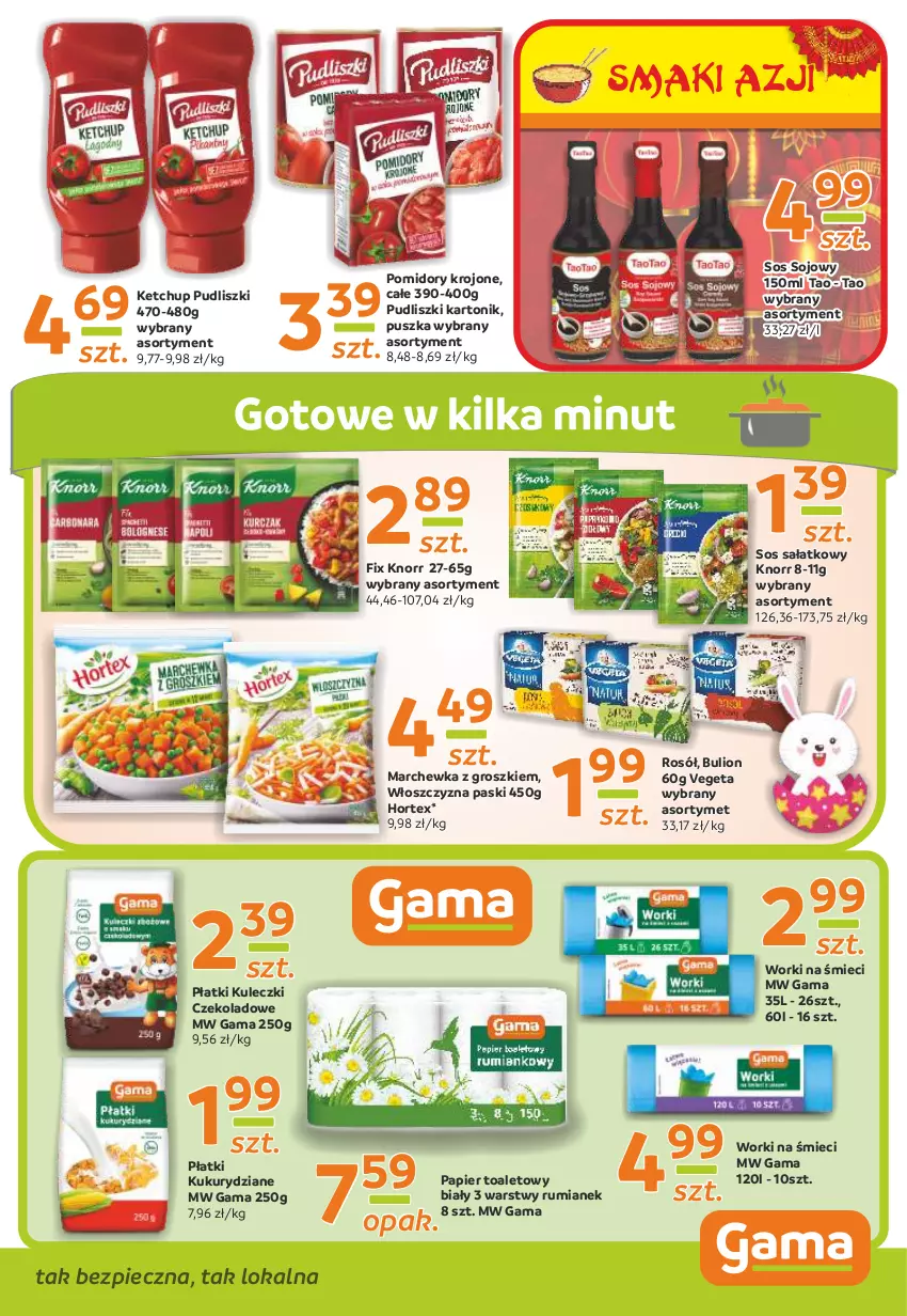 Gazetka promocyjna Gama - Gazetka Gama - ważna 30.03 do 12.04.2021 - strona 9 - produkty: Bulion, Hortex, Ketchup, Knorr, Lion, Marchewka, Papier, Papier toaletowy, Piec, Pomidory, Pomidory krojone, Pudliszki, Rosół, Rum, Sałat, Sos, Sos sojowy, Tonik, Vegeta, Worki na śmiec, Worki na śmieci