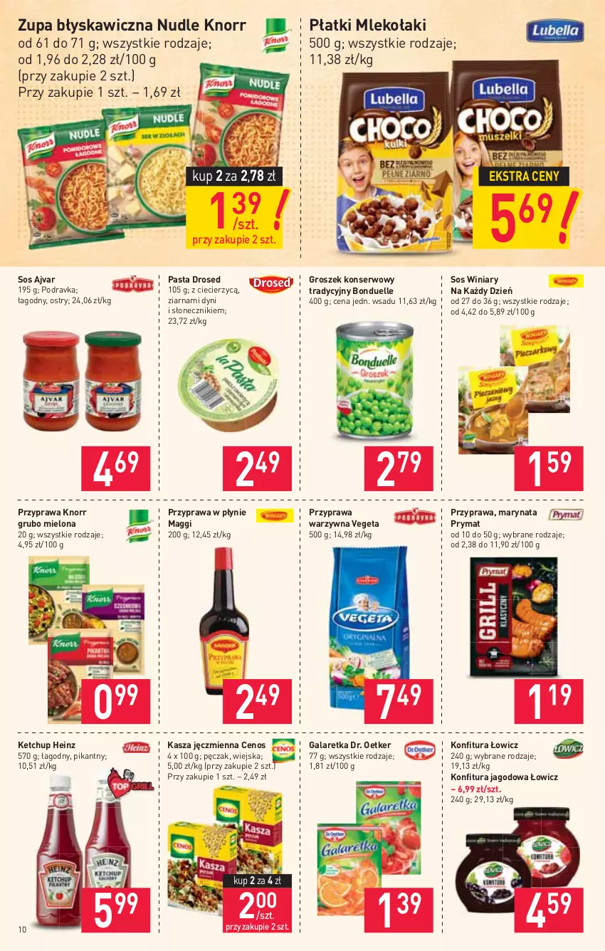 Gazetka promocyjna Stokrotka - Supermarket - ważna 19.08 do 25.08.2021 - strona 10 - produkty: Bonduelle, Cenos, Dr. Oetker, Gala, Galaretka, Groszek, Heinz, Kasza, Kasza jęczmienna, Ketchup, Knorr, Konfitura, Maggi, Mleko, Podravka, Prymat, Przyprawa w płynie, Ser, Sos, Vegeta, Winiary, Zupa