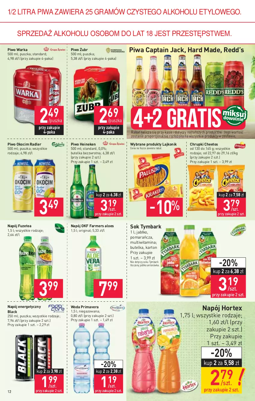 Gazetka promocyjna Stokrotka - Supermarket - ważna 19.08 do 25.08.2021 - strona 12 - produkty: Captain Jack, Cheetos, Chrupki, Fa, Farmers Aloes, Gin, Gra, Heineken, Hortex, Koc, Lack, Lajkonik, Napój, Napój energetyczny, Okocim, Piwa, Piwo, Por, Prima, Primavera, Radler, Sok, Tymbark, Warka, Woda