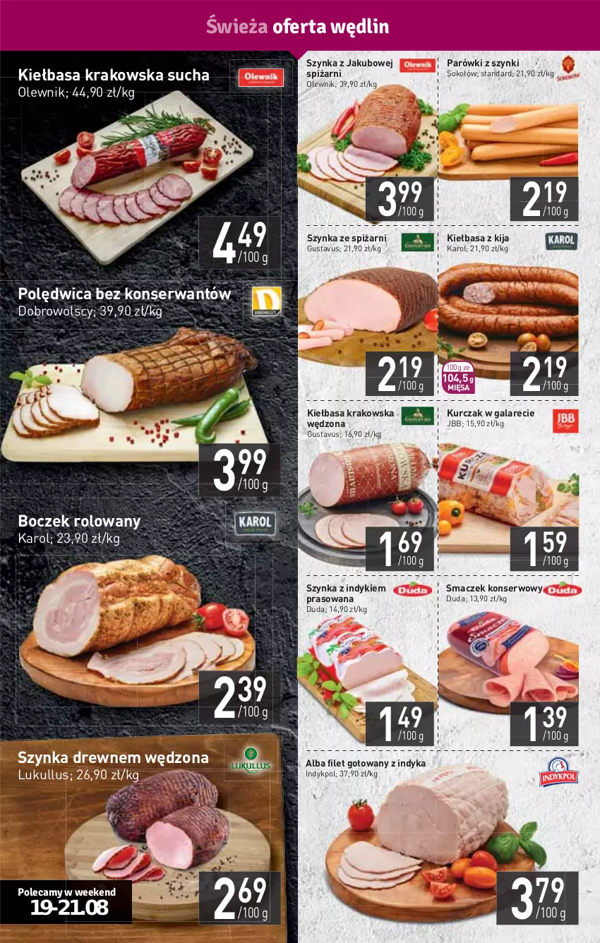 Gazetka promocyjna Stokrotka - Supermarket - ważna 19.08 do 25.08.2021 - strona 6 - produkty: Boczek, Duda, Gala, HP, Kiełbasa, Kiełbasa krakowska, Kurczak, Olewnik, Parówki, Parówki z szynki, Polędwica, Ser, Sok, Sokołów, Szynka