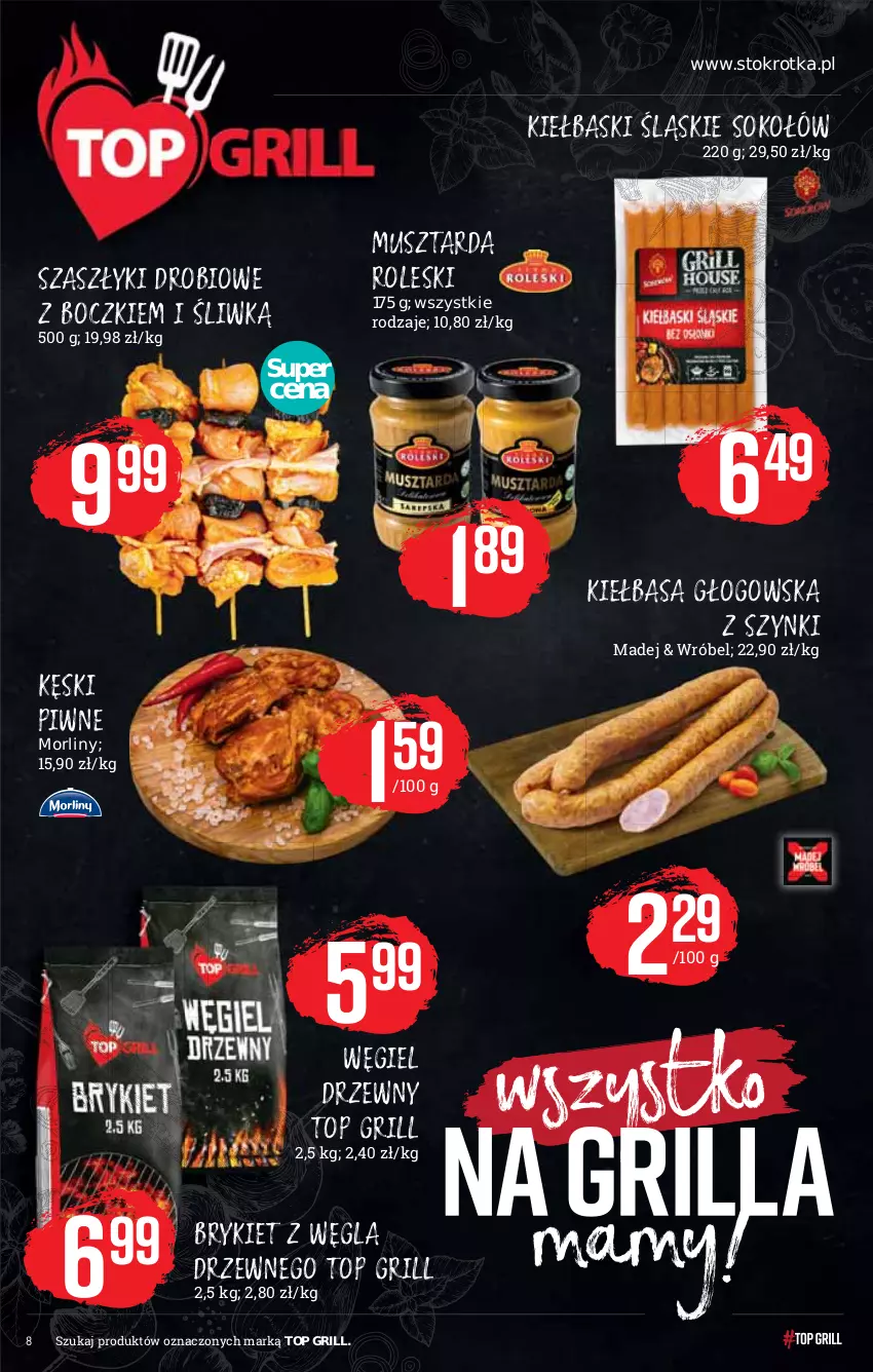 Gazetka promocyjna Stokrotka - Supermarket - ważna 19.08 do 25.08.2021 - strona 8 - produkty: Grill, Kęski piwne, Kiełbasa, Kiełbasa głogowska, Kiełbaski śląskie, LG, Morliny, Mus, Musztarda, Sok, Sokołów, Top, Węgiel drzewny