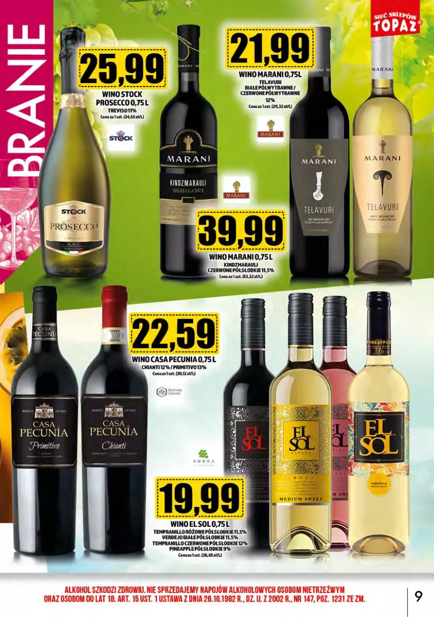 Gazetka promocyjna Topaz - Gazetka - ważna 02.05 do 31.05.2024 - strona 9 - produkty: Chia, Chianti, Prosecco, Stock, Wino