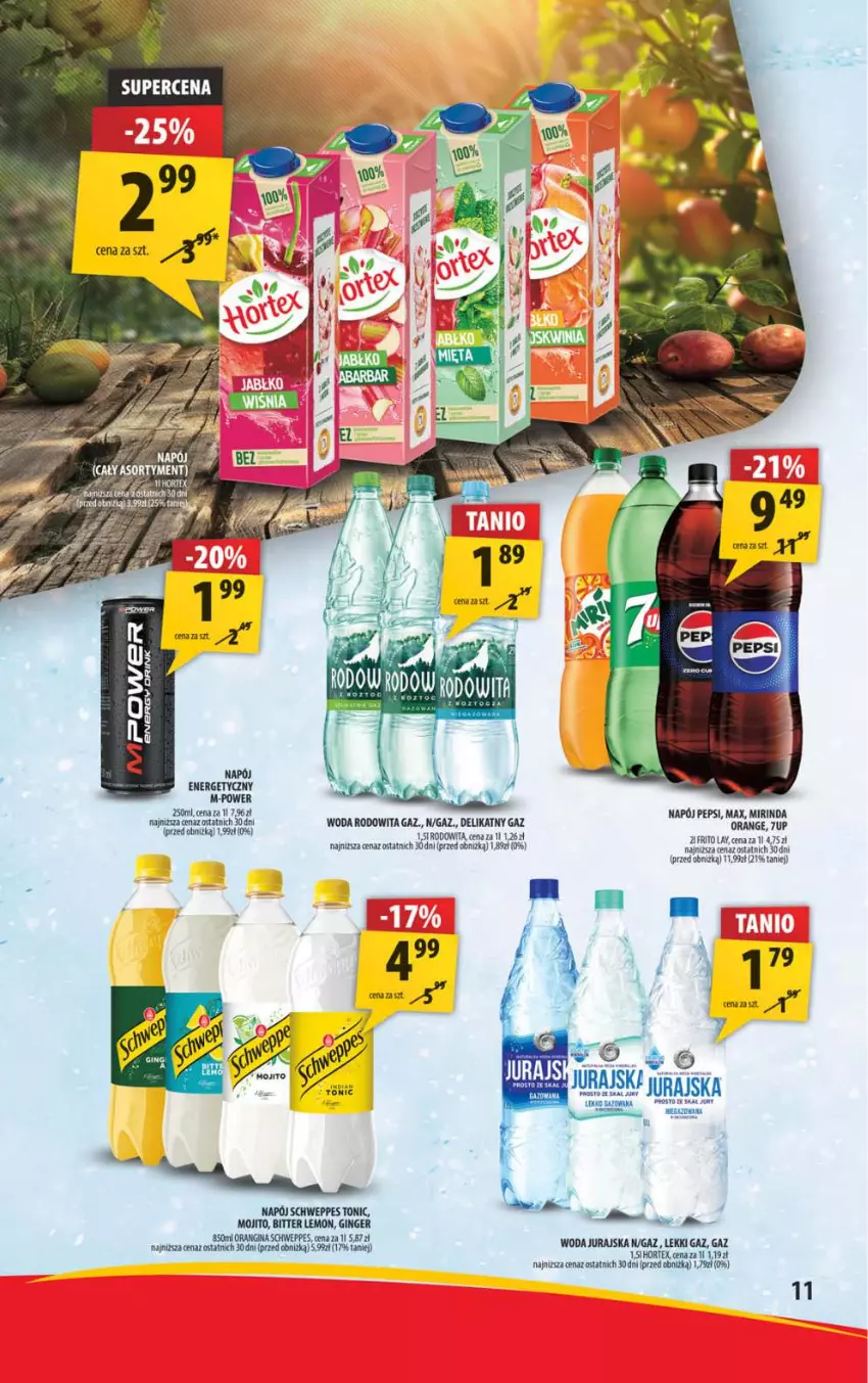 Gazetka promocyjna Arhelan - Gazetka - ważna 21.03 do 30.03.2025 - strona 11 - produkty: 7up, Gin, Hortex, Mirinda, Napój, Napój energetyczny, Pepsi, Schweppes, Woda