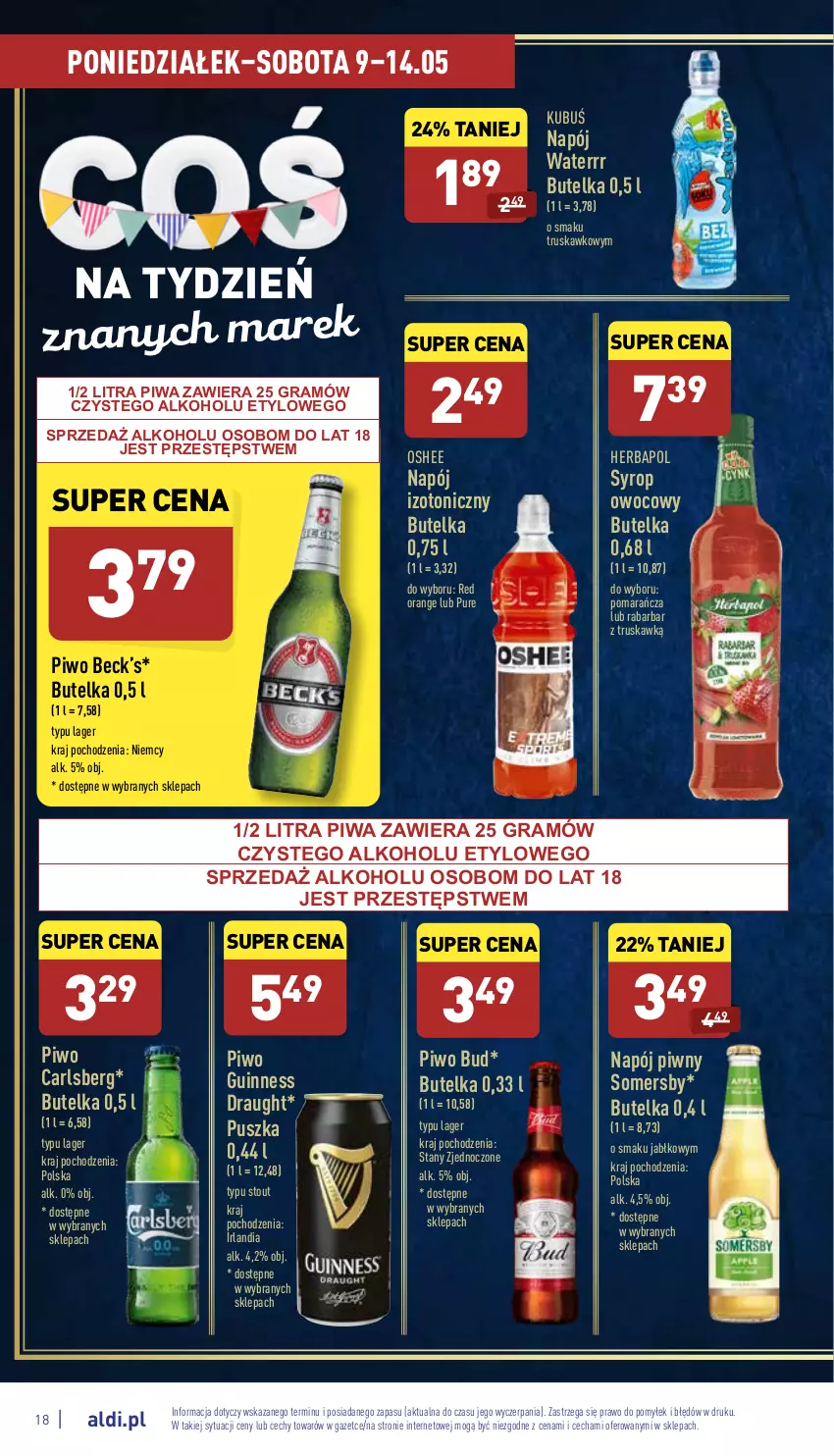 Gazetka promocyjna Aldi - Katalog spożywczy - ważna 09.05 do 14.05.2022 - strona 18 - produkty: Carlsberg, Gra, Herbapol, Kubuś, Napój, Napój izotoniczny, Oshee, Piwa, Piwo, Pur, Somersby, Syrop