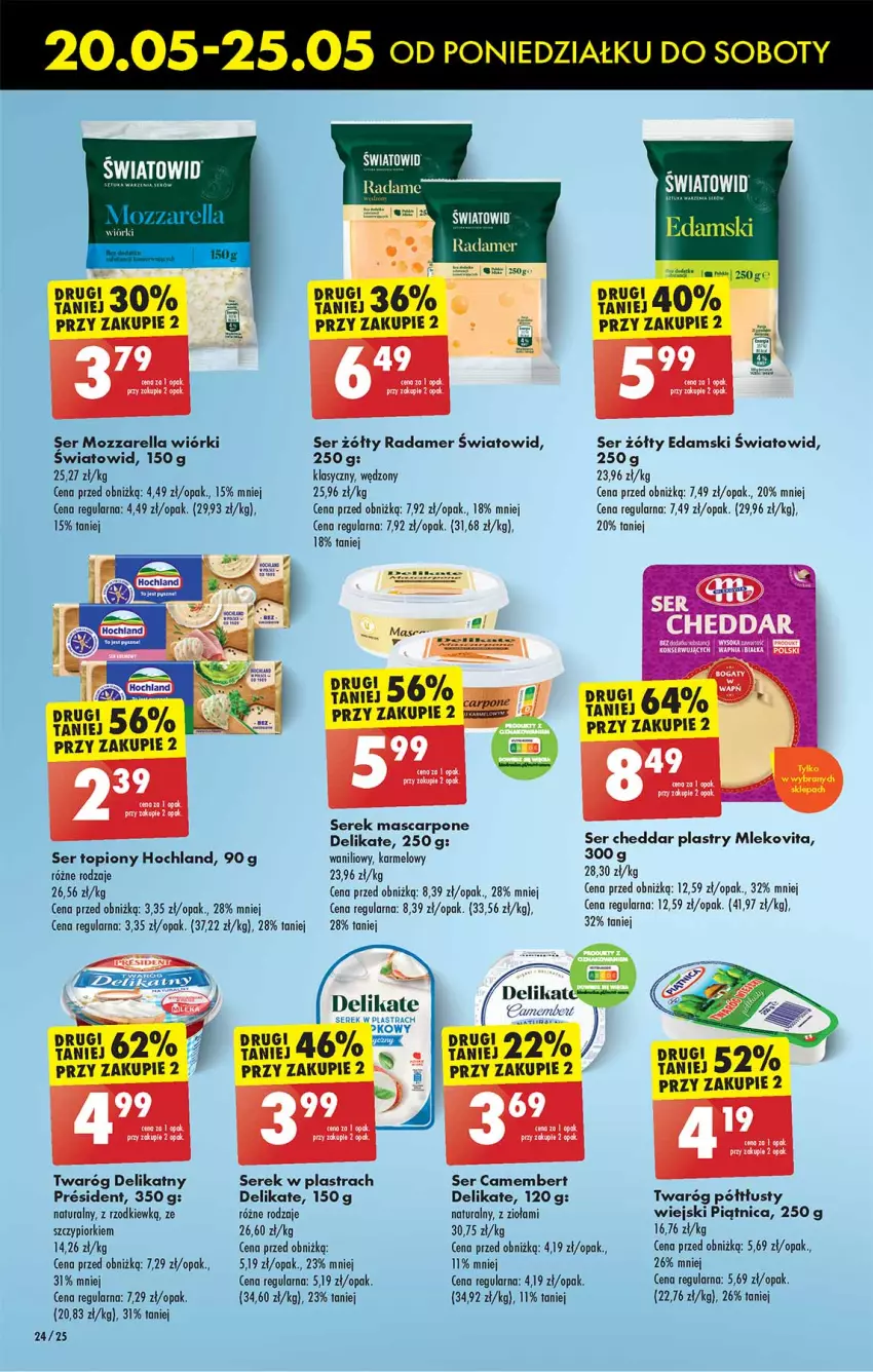 Gazetka promocyjna Biedronka - Od poniedzialku - ważna 20.05 do 25.05.2024 - strona 24 - produkty: Camembert, Cheddar, Edam, Hochland, Mascarpone, Mleko, Mlekovita, Mozzarella, Radamer, Ser, Ser topiony, Serek, Top, Twaróg, Twaróg delikatny, Twaróg półtłusty