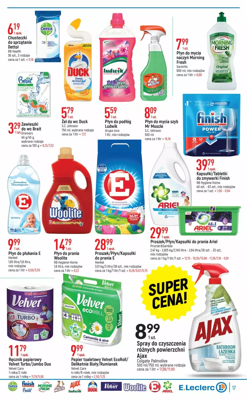 Gazetka promocyjna E Leclerc - ważna 12.07 do 23.07.2022 - strona 17 - produkty: Ariel, Chusteczki, Colgate, Duck, Finish, LG, Ludwik, Mus, Ogród, Palmolive, Papier, Papier toaletowy, Płyn do mycia, Płyn do płukania, Płyn do prania, Ręcznik, Rolki, Rum, Spray do czyszczenia, Tablet, Tabletki do zmywarki, Tera, Velvet, Woolite, Zmywarki