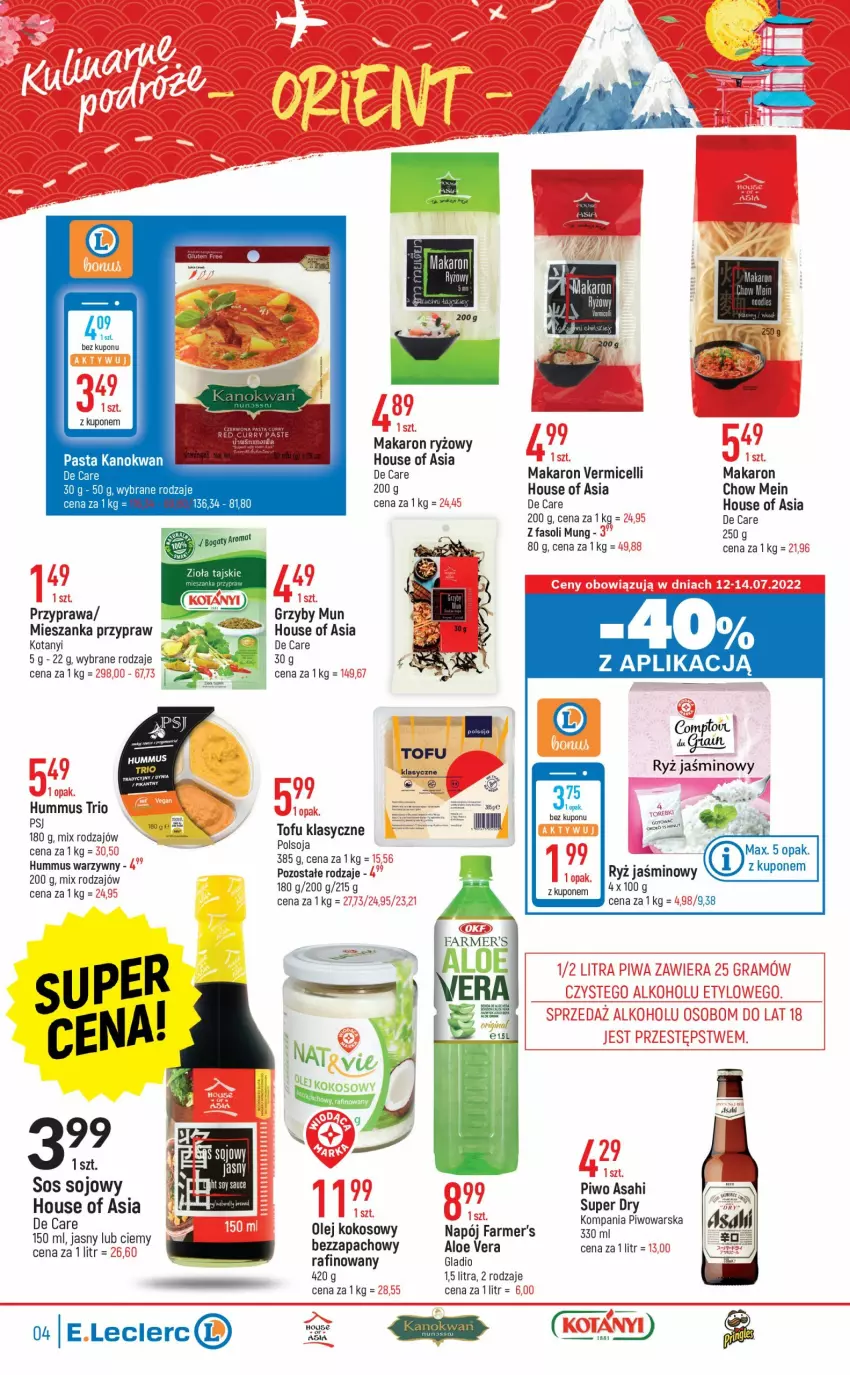 Gazetka promocyjna E Leclerc - ważna 12.07 do 23.07.2022 - strona 4 - produkty: Aloe vera, Asahi, Fa, Fasoli mung, House of Asia, Hummus, Inka, Kokos, Makaron, Makaron ryżowy, Mus, Napój, Olej, Olej kokosowy, Piwo, Ryż, Sos, Sos sojowy, Tofu