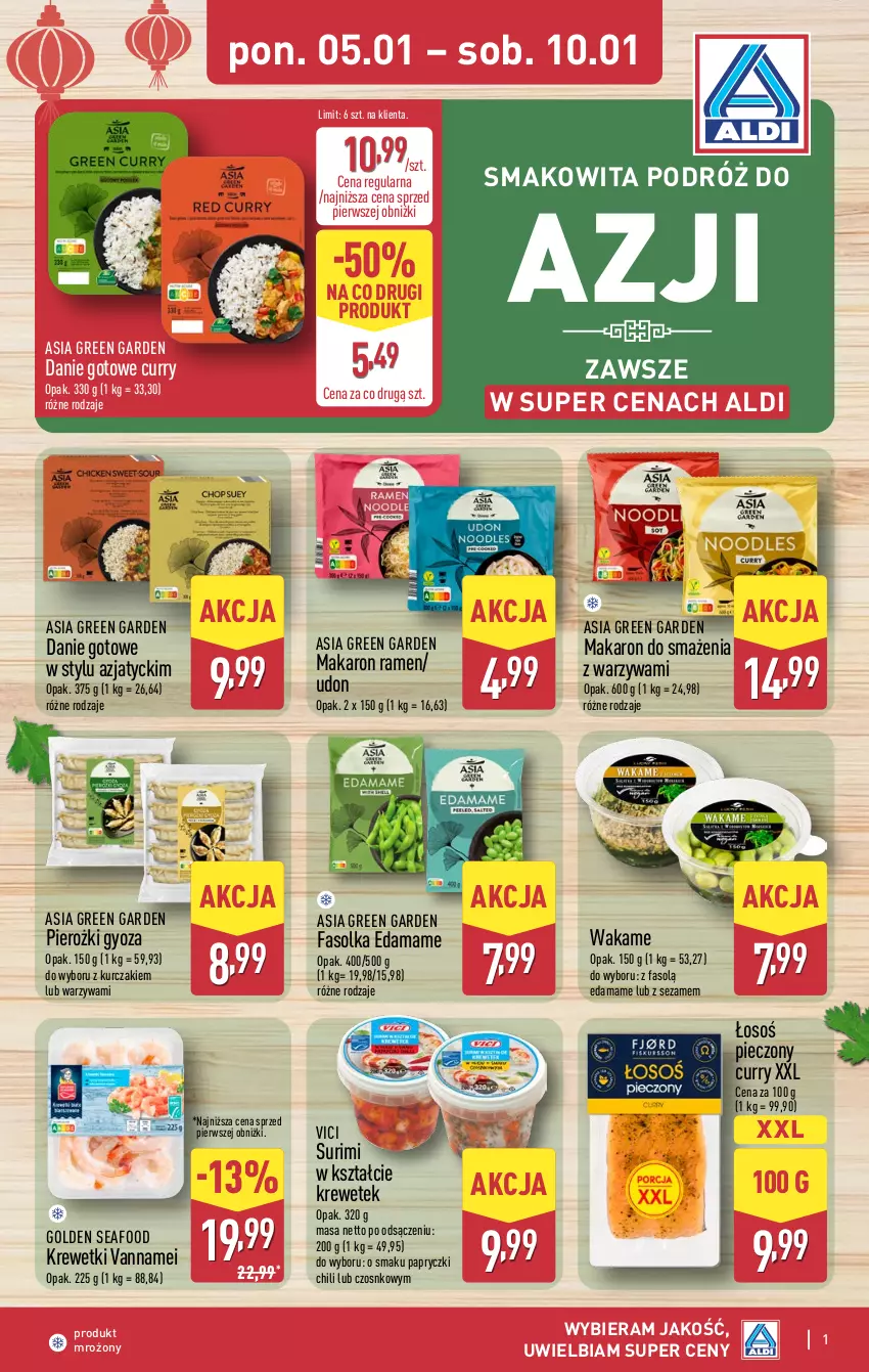 Gazetka promocyjna Aldi - Tydzień Azjatycki - ważna 05.01 do 10.01.2026 - strona 1 - produkty: Danie gotowe, Edam, Fa, Golden Seafood, Krewetki, Kurczak, Makaron, Piec, Sezam, Smakowita, Surimi, Warzywa