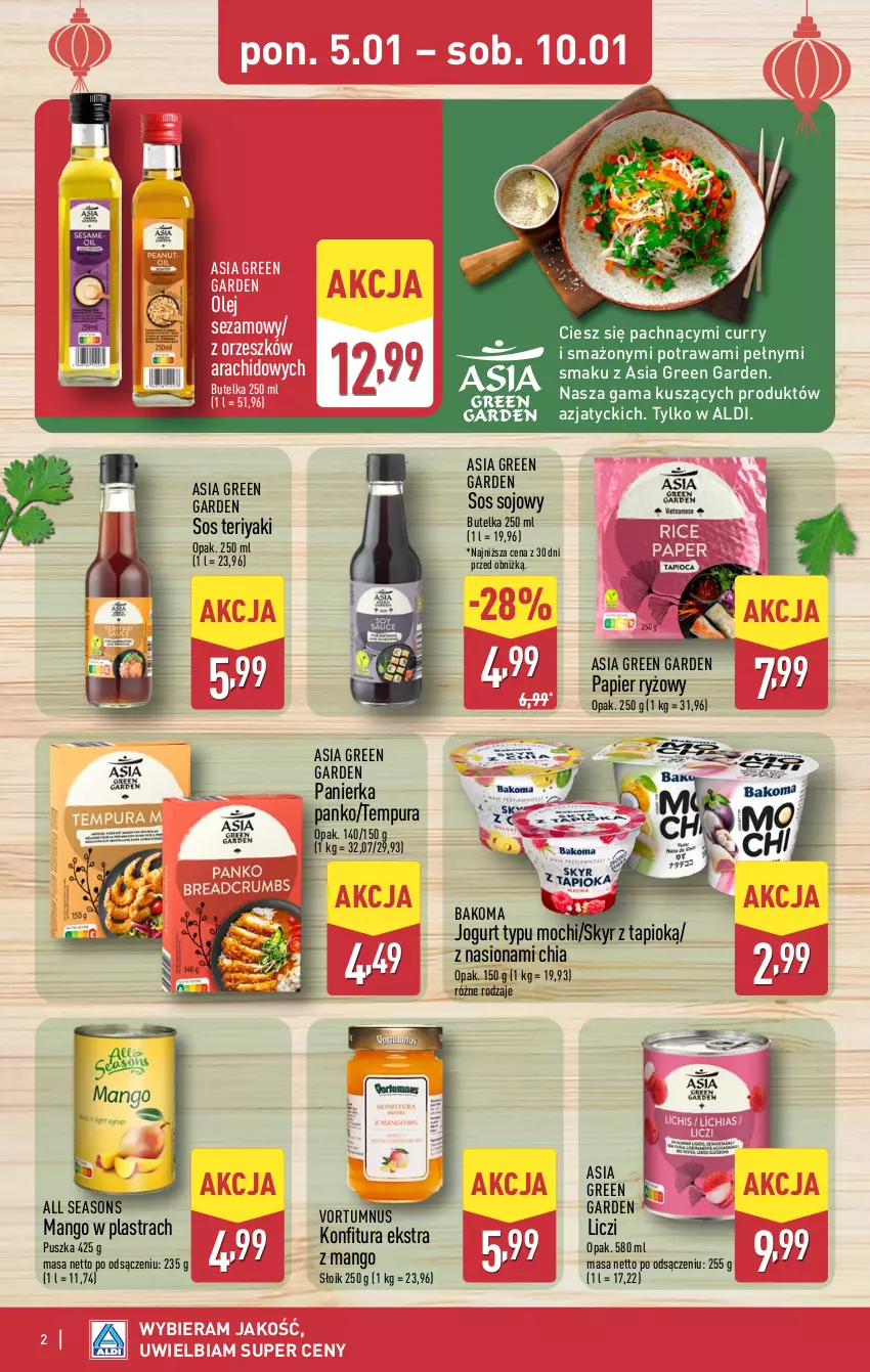 Gazetka promocyjna Aldi - Tydzień Azjatycki - ważna 05.01 do 10.01.2026 - strona 2 - produkty: All Seasons, Bakoma, Chia, Jogurt, Konfitura, Liczi, Mango, Olej, Olej sezamowy, Papier, Papier ryżowy, Pur, Ryż, Sezam, Sos, Sos sojowy