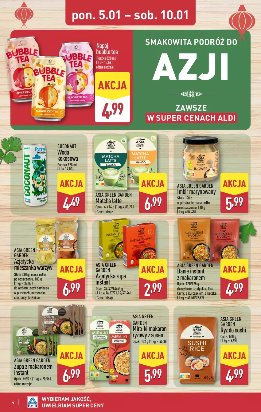 Gazetka promocyjna Aldi - Tydzień Azjatycki - ważna 05.01 do 10.01.2026 - strona 4 - produkty: Imbir, Kiełki, Kokos, Kurczak, Makaron, Makaron ryżowy, Mieszanka warzyw, Napój, Pędy bambusa, Ryż, Ryż do sushi, Smakowita, Sos, Sushi, Woda, Zupa