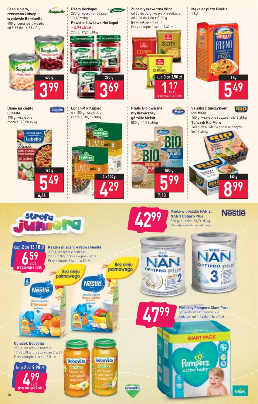 Gazetka promocyjna Stokrotka - Supermarket - ważna 17.03 do 23.03.2022 - strona 10 - produkty: Bell, Bella, BoboVita, Bonduelle, Dżem, Fa, Fasola, Herbapol, Kupiec, Lubella, Mąka, Mąka do pizzy, Melvit, Mleko, Mleko w proszku, Nestlé, Pampers, Piec, Pieluchy, Rio Mare, Ryż, Sałat, Sałatka, Sos, Tuńczyk, Zupa