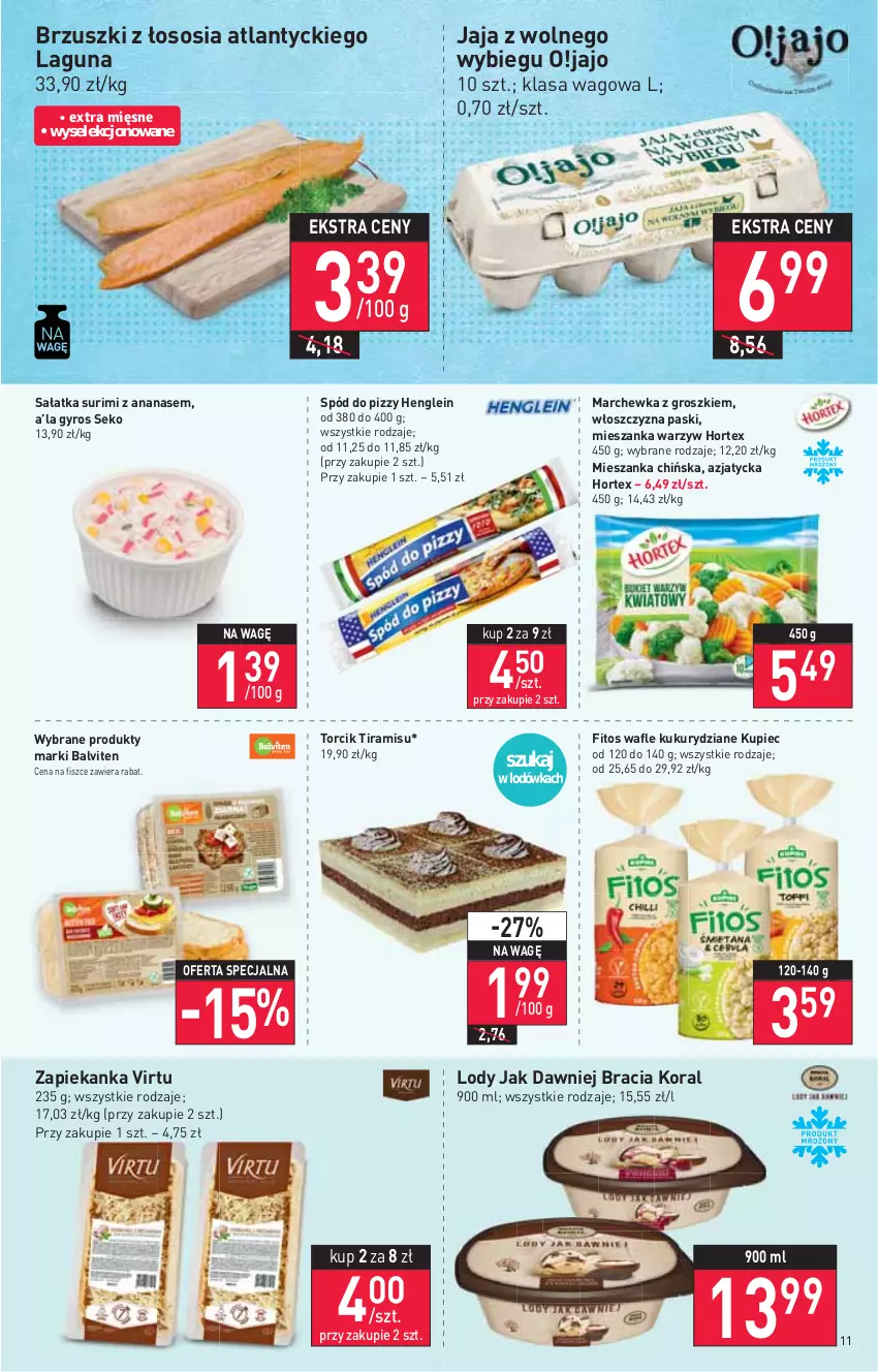 Gazetka promocyjna Stokrotka - Supermarket - ważna 17.03 do 23.03.2022 - strona 11 - produkty: Ananas, Brzuszki z łososia, Gyros, Hortex, Jaja, Jaja z wolnego wybiegu, Kupiec, Lodówka, Lody, Marchewka, Mieszanka warzyw, Piec, Sałat, Sałatka, SEKO, Sos, Spód do pizzy, Surimi, Virtu, Wafle, Zapiekanka