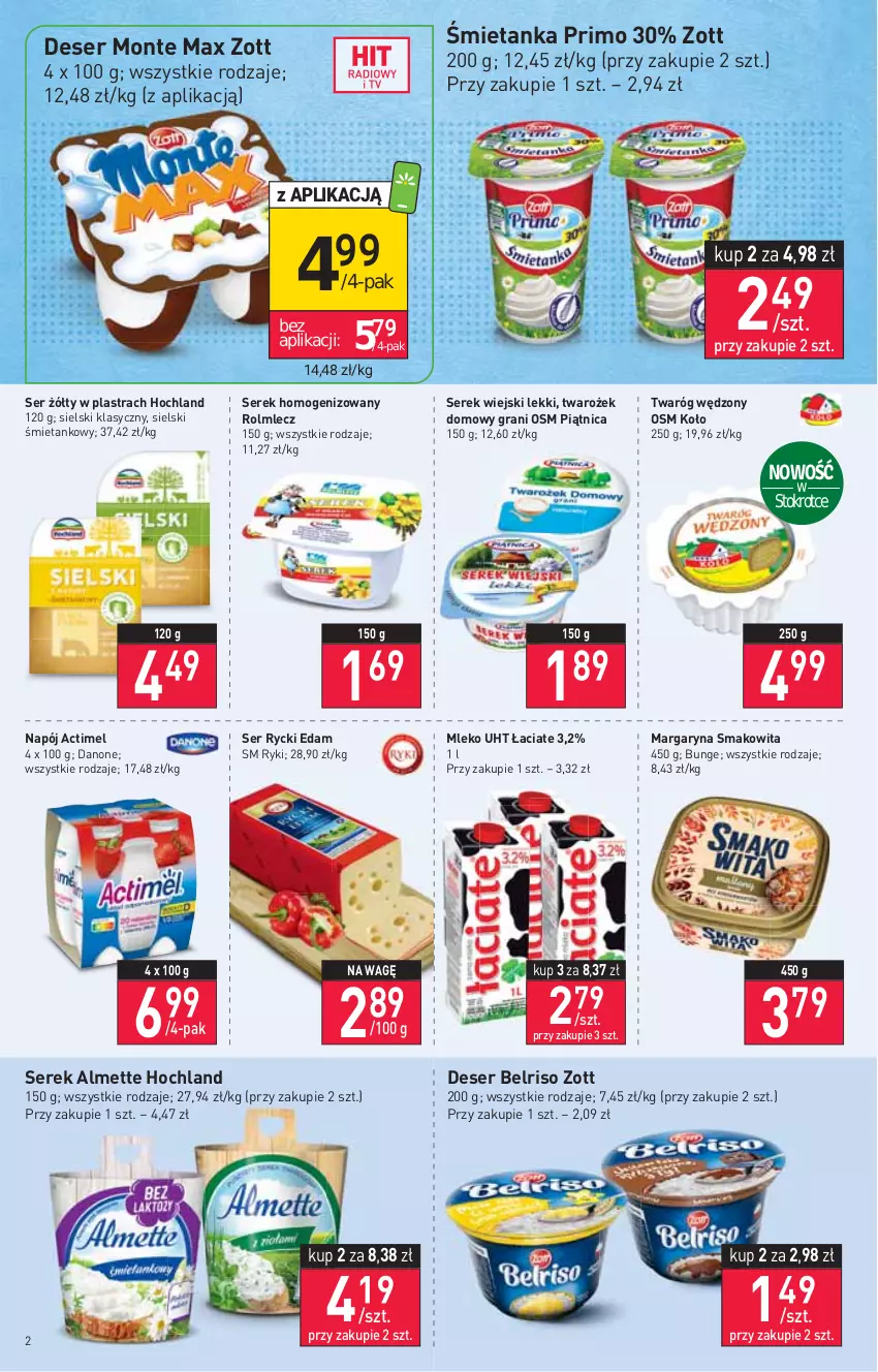 Gazetka promocyjna Stokrotka - Supermarket - ważna 17.03 do 23.03.2022 - strona 2 - produkty: Actimel, Almette, Belriso, Danone, Deser, Edam, Gra, Hochland, Margaryna, Mleko, Monte, Napój, Piątnica, Rolmlecz, Rycki Edam, Ser, Serek, Serek homogenizowany, Serek wiejski, Smakowita, Twaróg, Zott