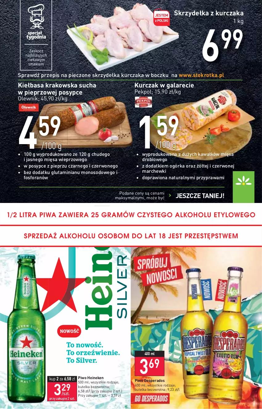 Gazetka promocyjna Stokrotka - Supermarket - ważna 17.03 do 23.03.2022 - strona 3 - produkty: Desperados, Gala, Heineken, Kawa, Kiełbasa, Kiełbasa krakowska, Kurczak, Olewnik, Pekpol, Piec, Pieprz, Piwo, Skrzydełka z kurczaka