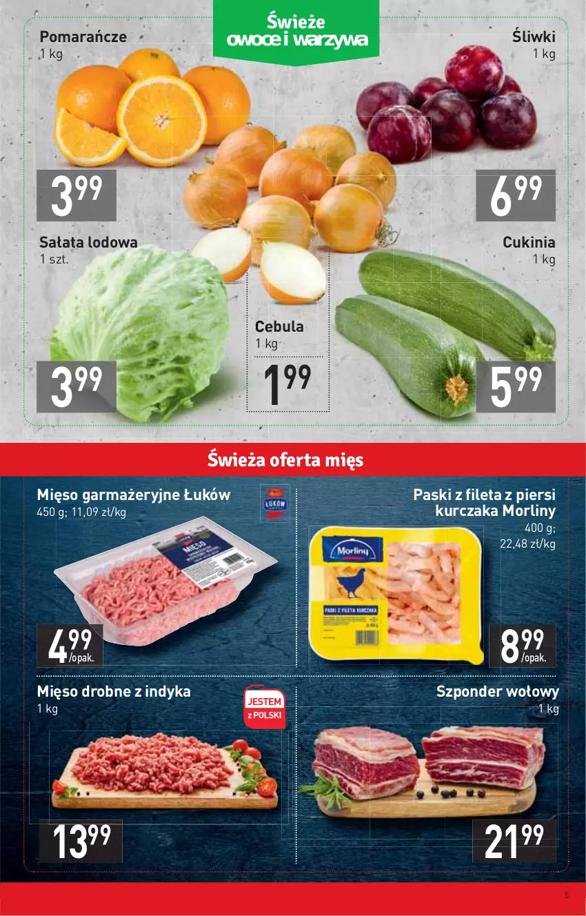 Gazetka promocyjna Stokrotka - Supermarket - ważna 17.03 do 23.03.2022 - strona 5 - produkty: Cebula, Kurczak, Mięso, Mięso garmażeryjne, Morliny, Owoce, Pomarańcze, Sałat, Sałata lodowa, Szponder wołowy, Warzywa