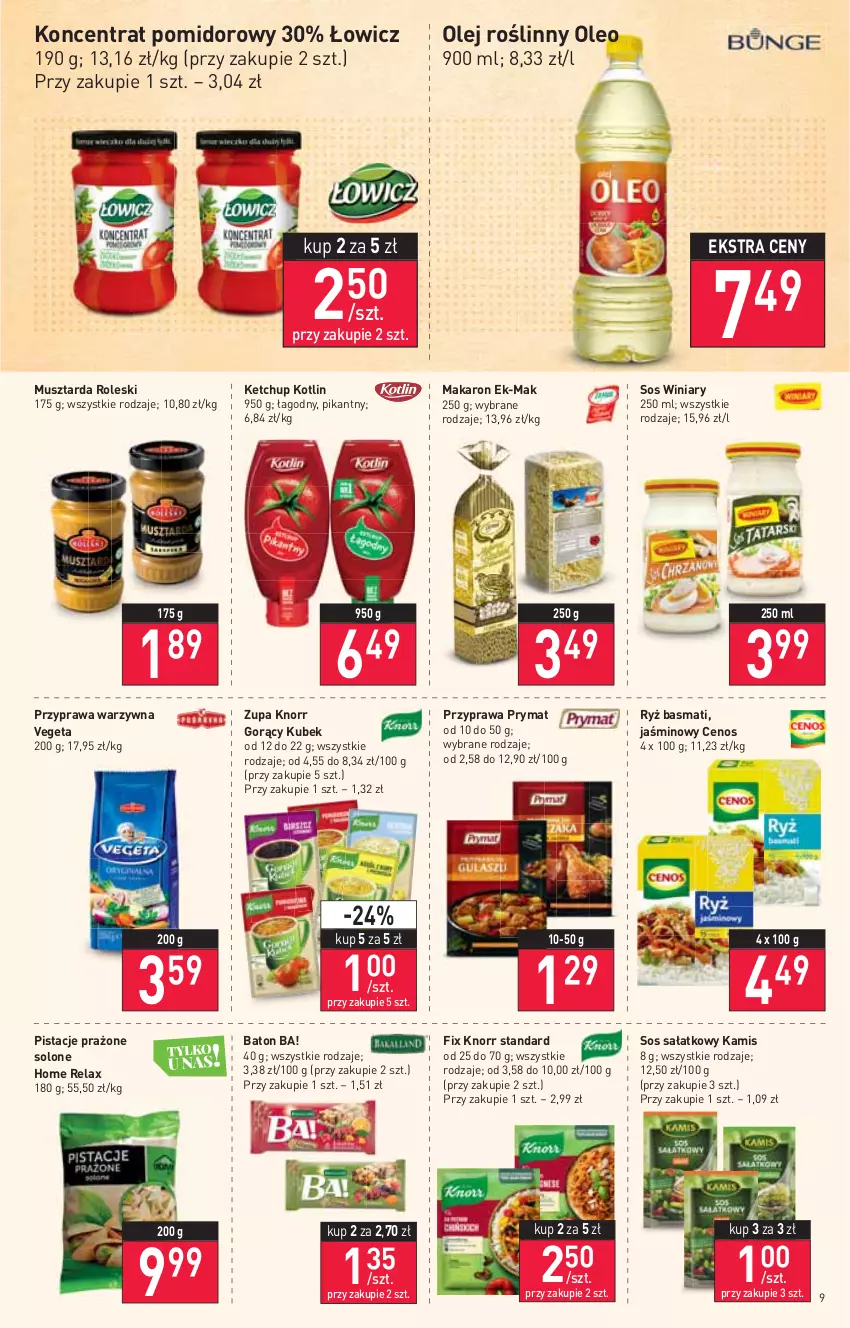 Gazetka promocyjna Stokrotka - Supermarket - ważna 17.03 do 23.03.2022 - strona 9 - produkty: Ba!, Baton, Cenos, Kamis, Ketchup, Knorr, Koncentrat pomidorowy, Kotlin, Kubek, Makaron, Mus, Musztarda, Olej, Olej roślinny, Oleo, Pistacje, Prymat, Ryż, Ryż basmati, Sałat, Sos, Vegeta, Winiary, Zupa