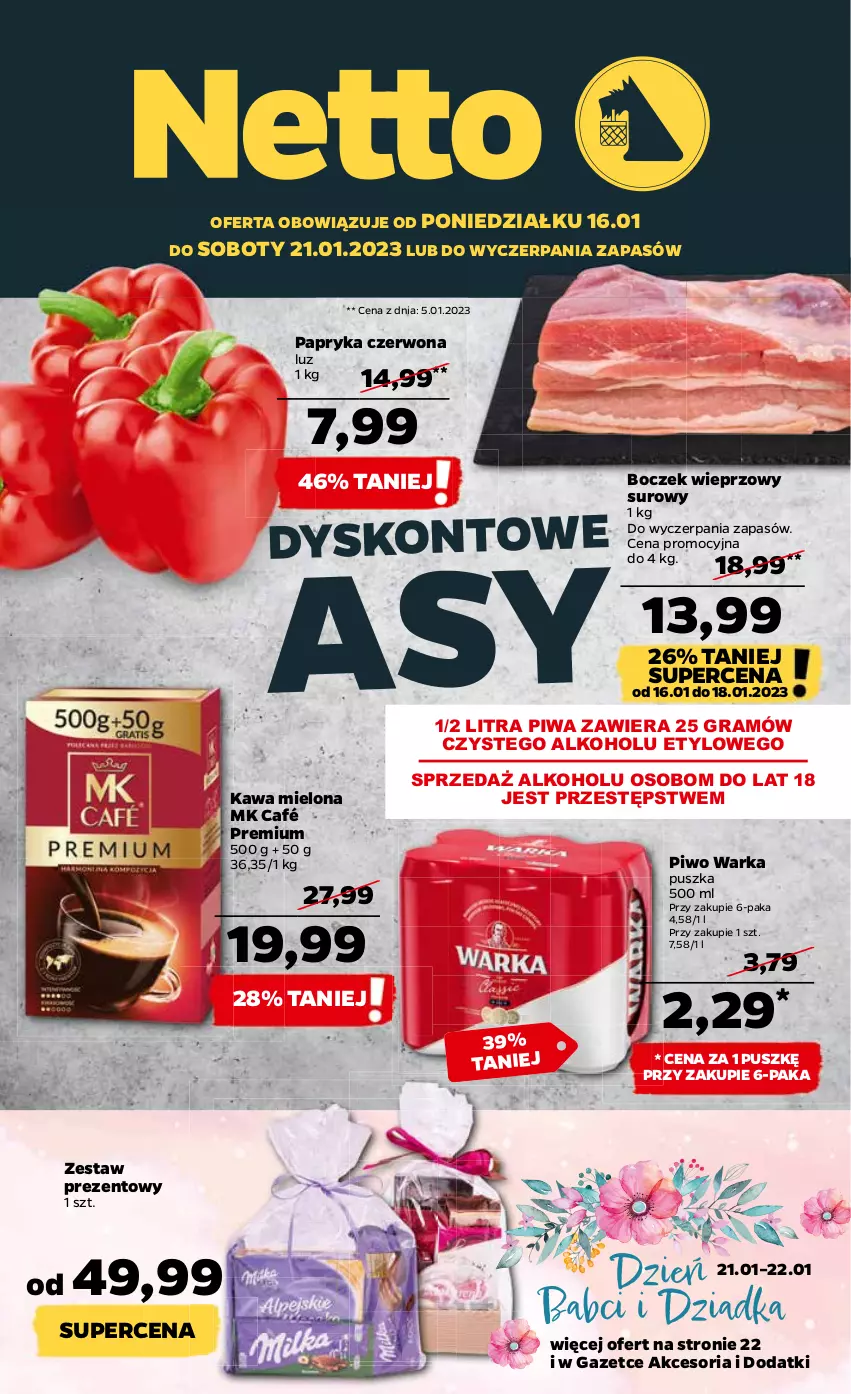 Gazetka promocyjna Netto - Artykuły spożywcze - ważna 16.01 do 21.01.2023 - strona 1 - produkty: Boczek, Boczek wieprzowy, Gra, Kawa, Kawa mielona, Papryka, Papryka czerwona, Piwa, Piwo, Warka, Zestaw prezentowy