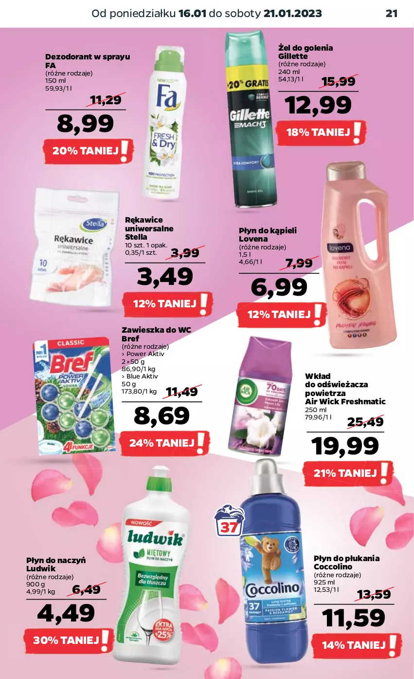 Gazetka promocyjna Netto - Artykuły spożywcze - ważna 16.01 do 21.01.2023 - strona 21 - produkty: Air Wick, Bref, Coccolino, Dezodorant, Fa, Gillette, Ludwik, Płyn do kąpieli, Płyn do płukania, Rękawice, Zawieszka do wc