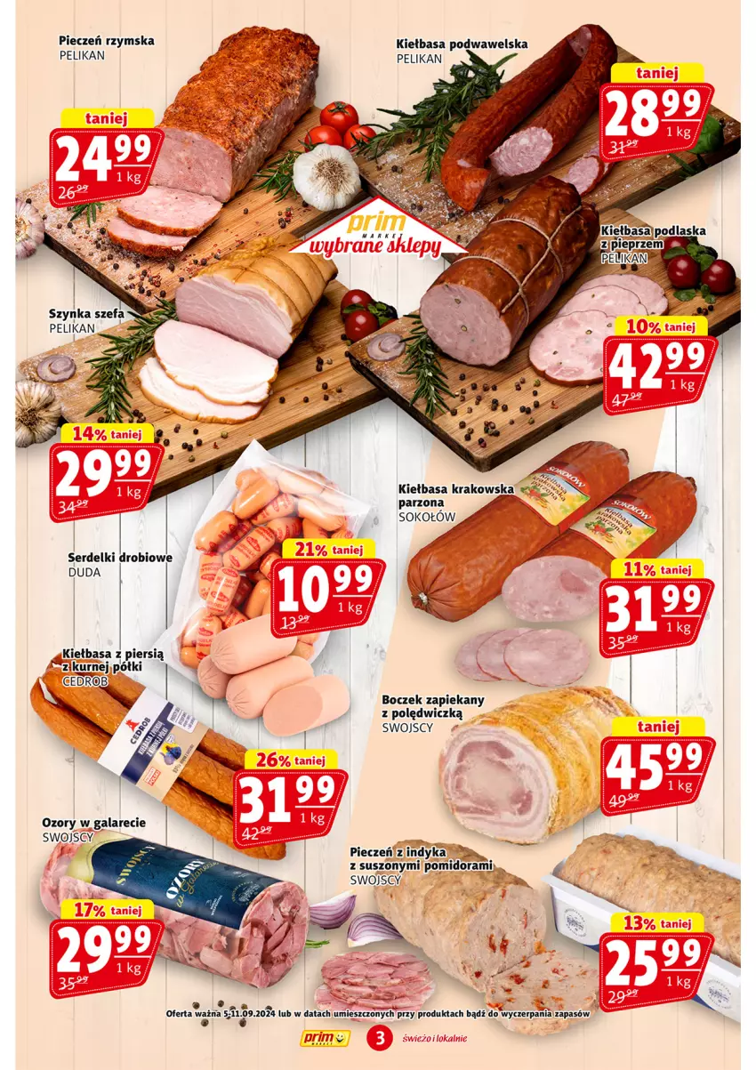 Gazetka promocyjna Prim Market - ważna 05.09 do 11.09.2024 - strona 3 - produkty: Boczek, Duda, Fa, Gala, Kiełbasa, Kiełbasa podwawelska, Piec, Pieczeń rzymska, Ser, Serdelki, Sok, Sokołów, Szynka, Wawel