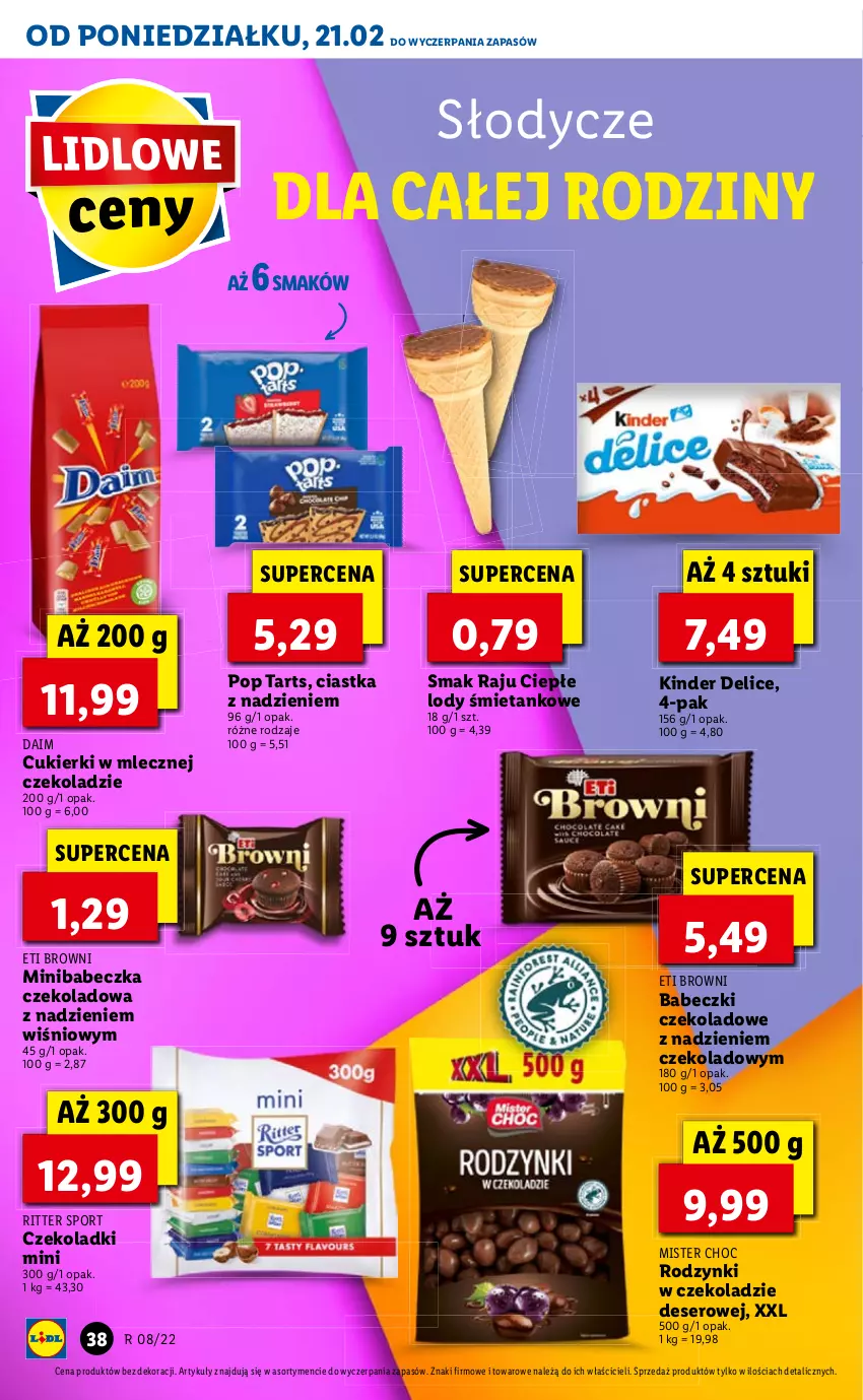 Gazetka promocyjna Lidl - GAZETKA - ważna 21.02 do 23.02.2022 - strona 38 - produkty: Babeczki, Ciastka, Cukier, Cukierki, Deser, Kinder, Por, Ritter Sport, Rodzynki, Ser, Sport