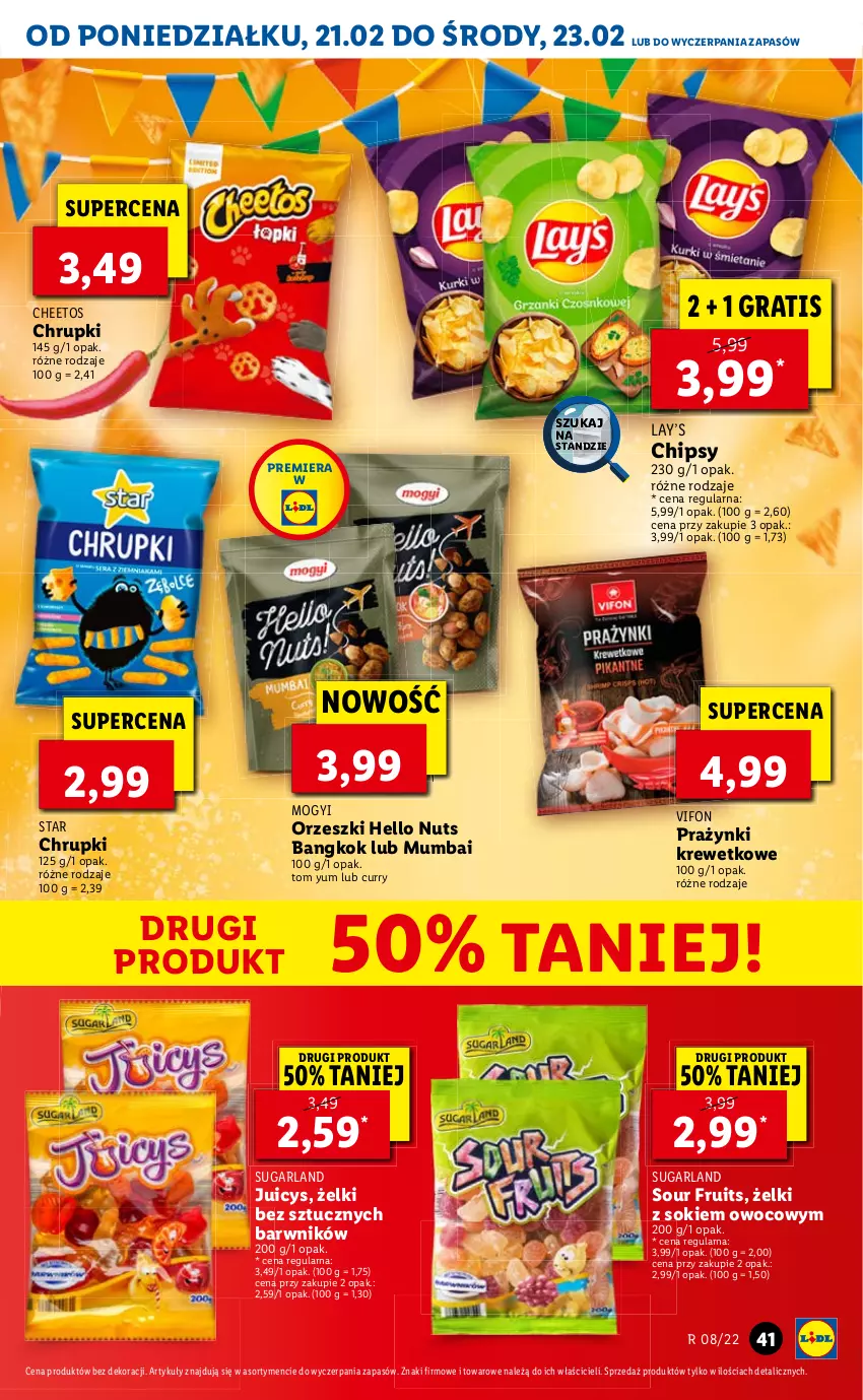 Gazetka promocyjna Lidl - GAZETKA - ważna 21.02 do 23.02.2022 - strona 41 - produkty: Cheetos, Chipsy, Chrupki, Lay’s, Orzeszki, Sok