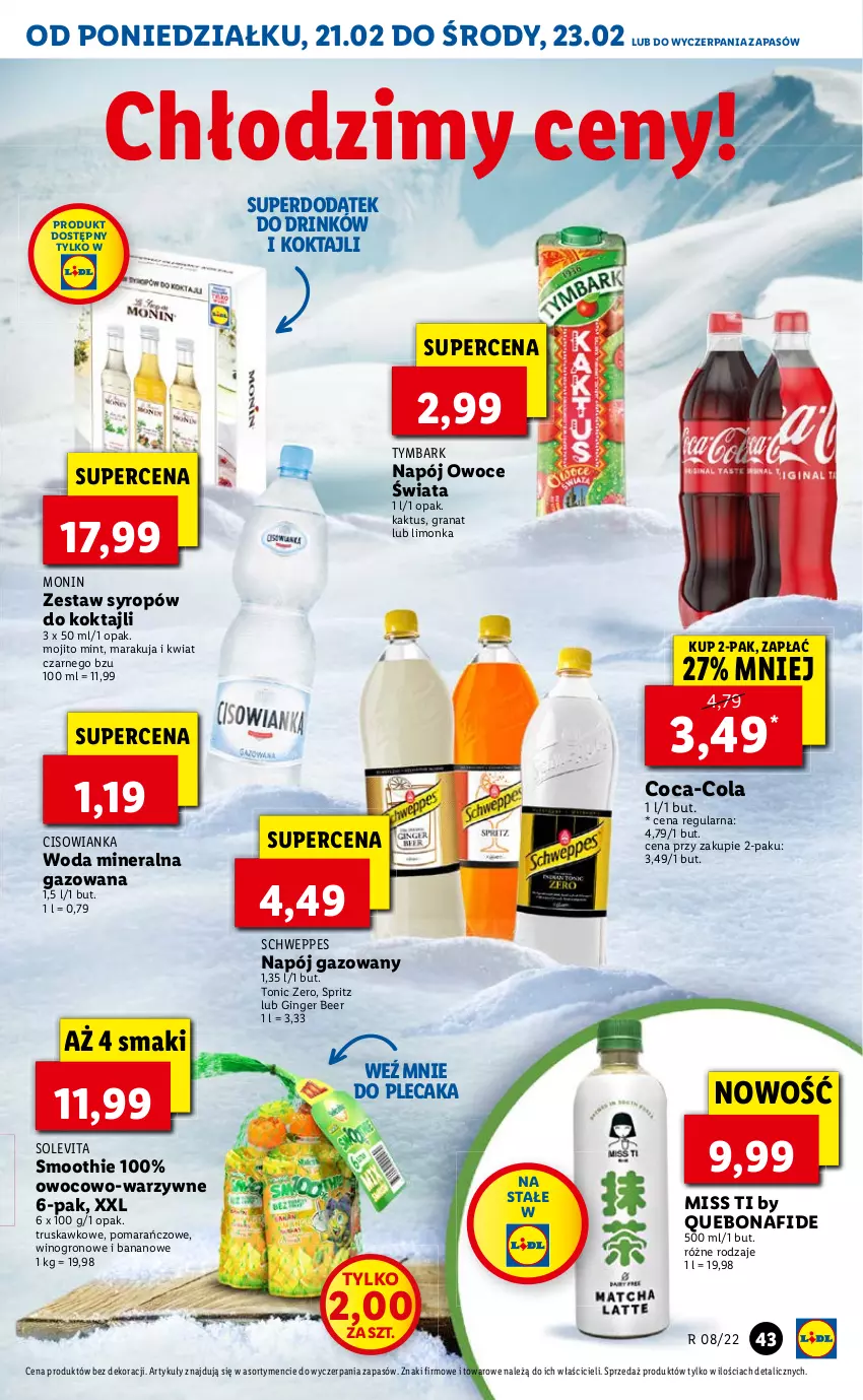 Gazetka promocyjna Lidl - GAZETKA - ważna 21.02 do 23.02.2022 - strona 43 - produkty: Cisowianka, Coca-Cola, Kaktus, Limonka, Napój, Napój gazowany, Owoce, Schweppes, Smoothie, Syrop, Tymbark, Wino, Woda, Woda mineralna