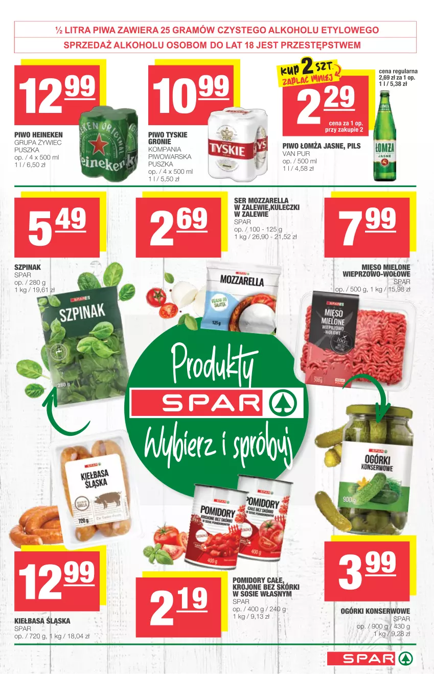 Gazetka promocyjna Spar - Spar - ważna 07.07 do 13.07.2021 - strona 7 - produkty: Heineken, Kiełbasa, Kiełbasa śląska, Mięso, Mięso mielone, Mozzarella, Ogórki konserwowe, Piwo, Pomidory, Ser, Sos, Szpinak