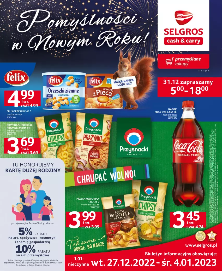 Gazetka promocyjna Selgros - Oferta spożywcza - ważna 27.12.2022 do 04.01.2023 - strona 1 - produkty: Chipsy, Chrupki, Coca-Cola, Fa, Felix, LG, Napoje, Orzeszki, Papier, Przysnacki, Tran