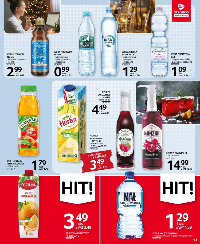 Gazetka promocyjna Selgros - Oferta spożywcza - ważna 27.12.2022 do 04.01.2023 - strona 13 - produkty: Fortuna, Hortex, Mus, Nałęczowianka, Nektar, Nektar bananowy, Prima, Primavera, Sok, Sok pomarańczowy, Syrop, Syropy, Tymbark, Woda, Znicz