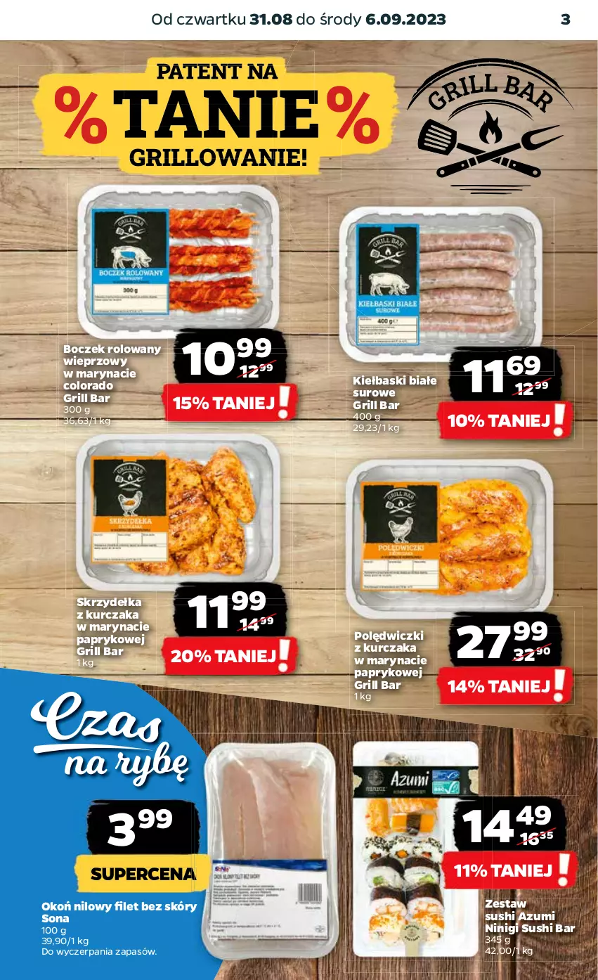 Gazetka promocyjna Netto - Artykuły spożywcze - ważna 31.08 do 06.09.2023 - strona 3 - produkty: Boczek, Grill, Kiełbaski białe, Kurczak, Polędwiczki z kurczaka, Skrzydełka z kurczaka, Sushi