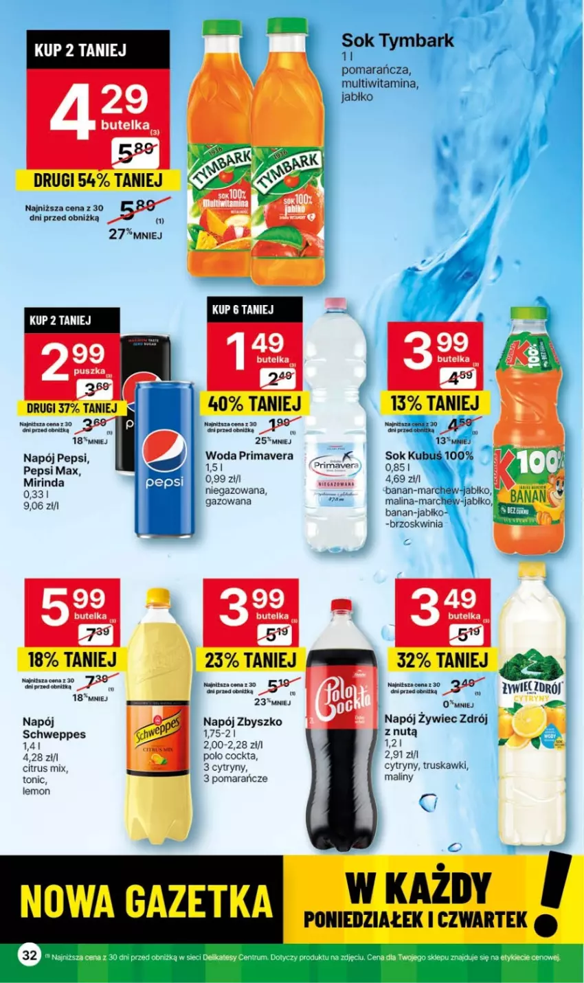 Gazetka promocyjna Delikatesy Centrum - Gazetka DC41czw-sr - ważna 19.10 do 25.10.2023 - strona 32 - produkty: Cytryny, Kubuś, Maliny, Mirinda, Napój, Pepsi, Pepsi max, Pomarańcze, Prima, Primavera, Schweppes, Sok, Truskawki, Tymbark, Woda