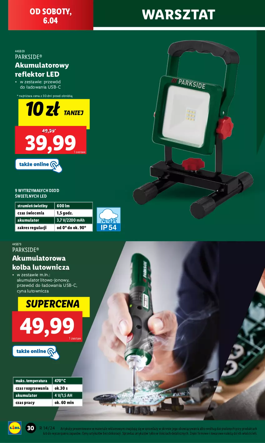 Gazetka promocyjna Lidl - GAZETKA - ważna 02.04 do 06.04.2024 - strona 36 - produkty: Akumulator, Parkside, Przewód, Reflektor, Reflektor LED, Rum