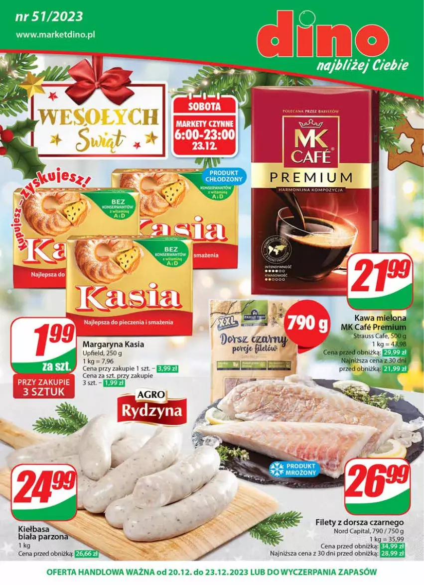 Gazetka promocyjna Dino - Gazetka 51 - ważna 20.12 do 23.12.2023 - strona 1 - produkty: Dorsz, JBL, Kasia, Kiełbasa, Margaryna, Ser