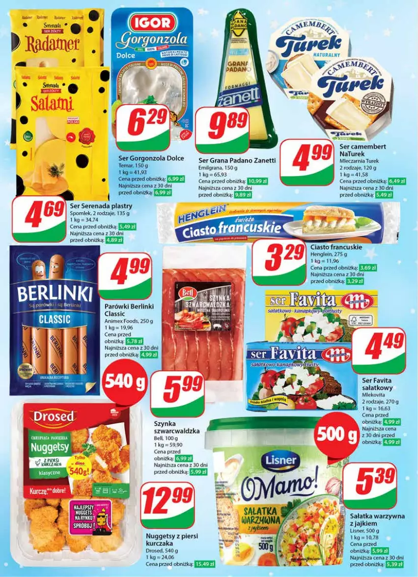 Gazetka promocyjna Dino - Gazetka 51 - ważna 20.12 do 23.12.2023 - strona 18 - produkty: Bell, Berlinki, Camembert, Ciasto francuskie, Fa, Favita, Gra, Kurczak, LG, Lisner, Mleko, Mlekovita, NaTurek, Parówki, Sałat, Sałatka, Sałatka warzywna, Ser, Szynka