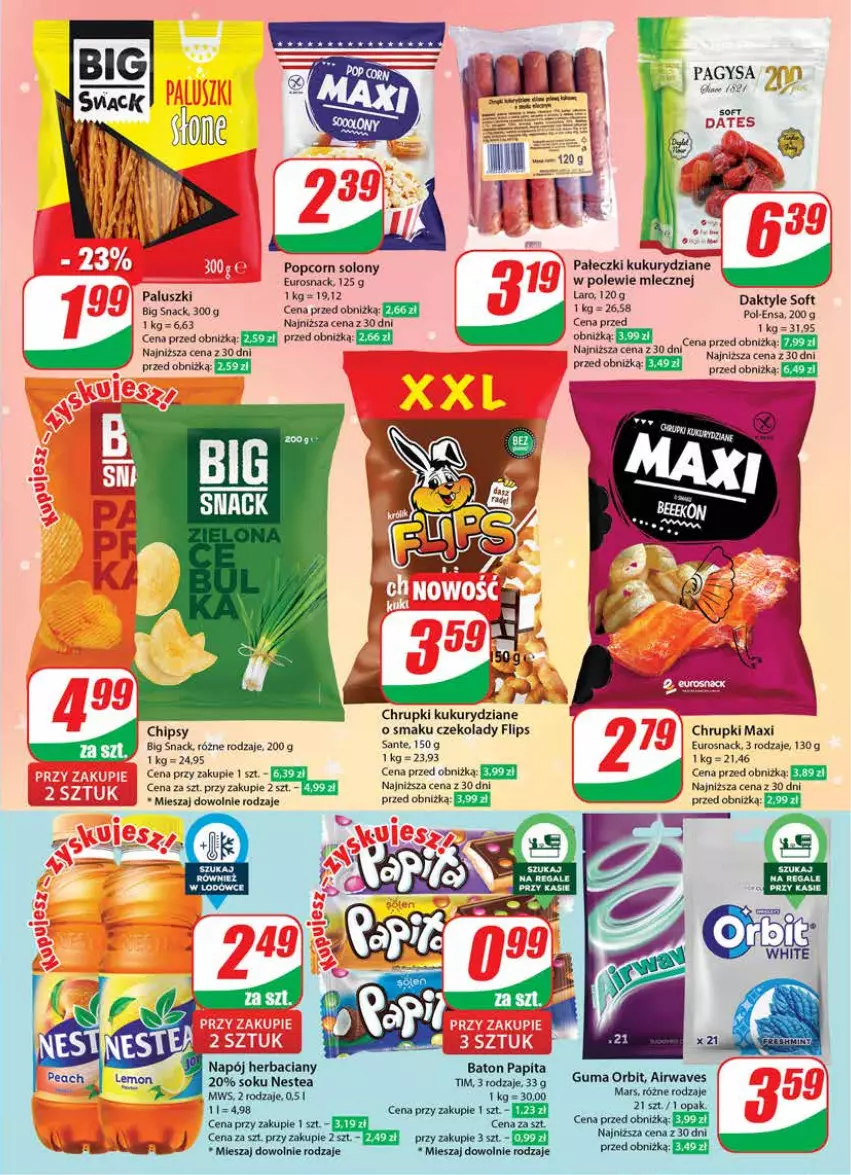 Gazetka promocyjna Dino - Gazetka 51 - ważna 20.12 do 23.12.2023 - strona 19 - produkty: Baton, Chipsy, Chrupki, Daktyle, Mars, Napój, Nestea, Orbit, Popcorn, Sante, Sok